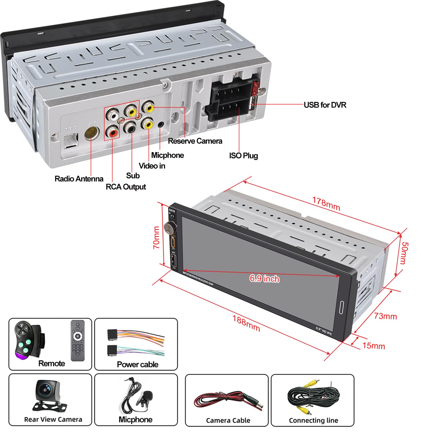 Autoradio 1Din mit Bildschirm (6,9") Kompatibel mit Apple CarPlay [Wireless] Android Auto Bluetooth USB (Typ-C 2,1A Schnellladung) Rückfahrkamera AM/FM/RDS Radio
