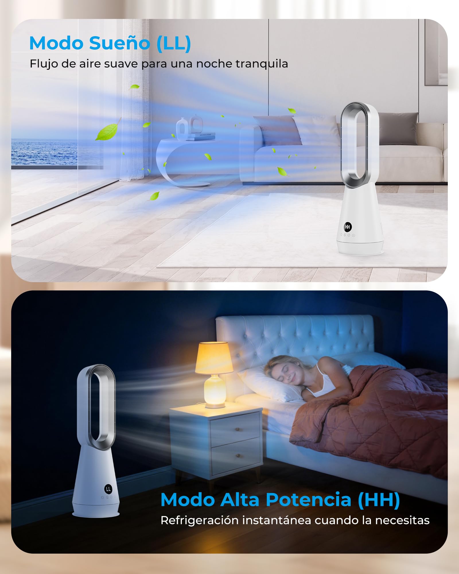 Ventilador de Torre Silencioso sin Aspas,Ventiladores Aire Frio con 8 Velocidades,2 Modos(Sueño,Viento Fuerte),Oscilación 80°,Temporizador 9h,Mando a Distancia,Pantalla LED,32dB Bajo Nivel de Ruido