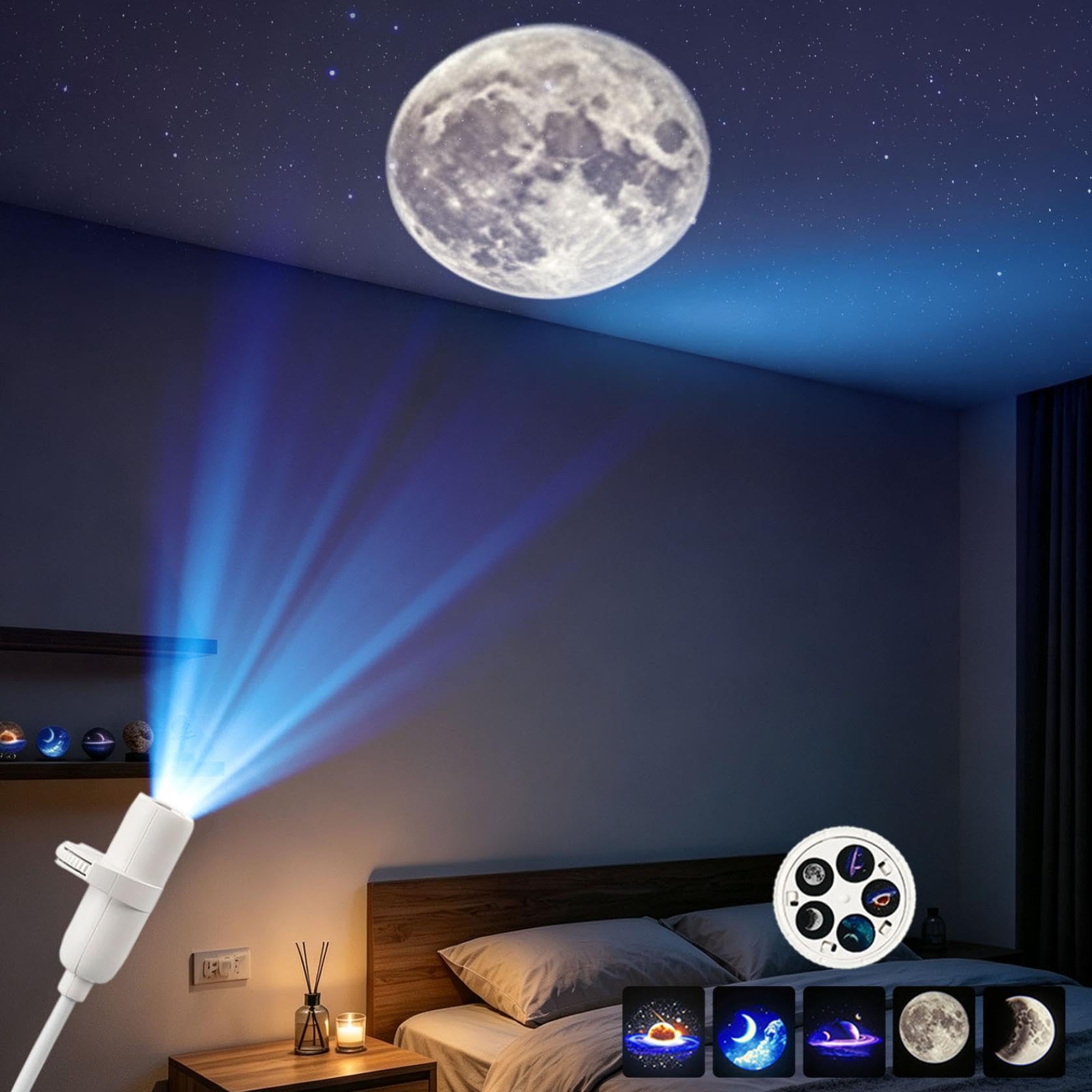 Galaxy Projector Night Light, 5D Holographic HD Smart Dynamic Star Ocean Display Lamp, USB Plug and Play, 360° Rotating, for Bedroom, Ceiling, Wall, Desk, Office, Nursery, Party & Gift，with 10 Films