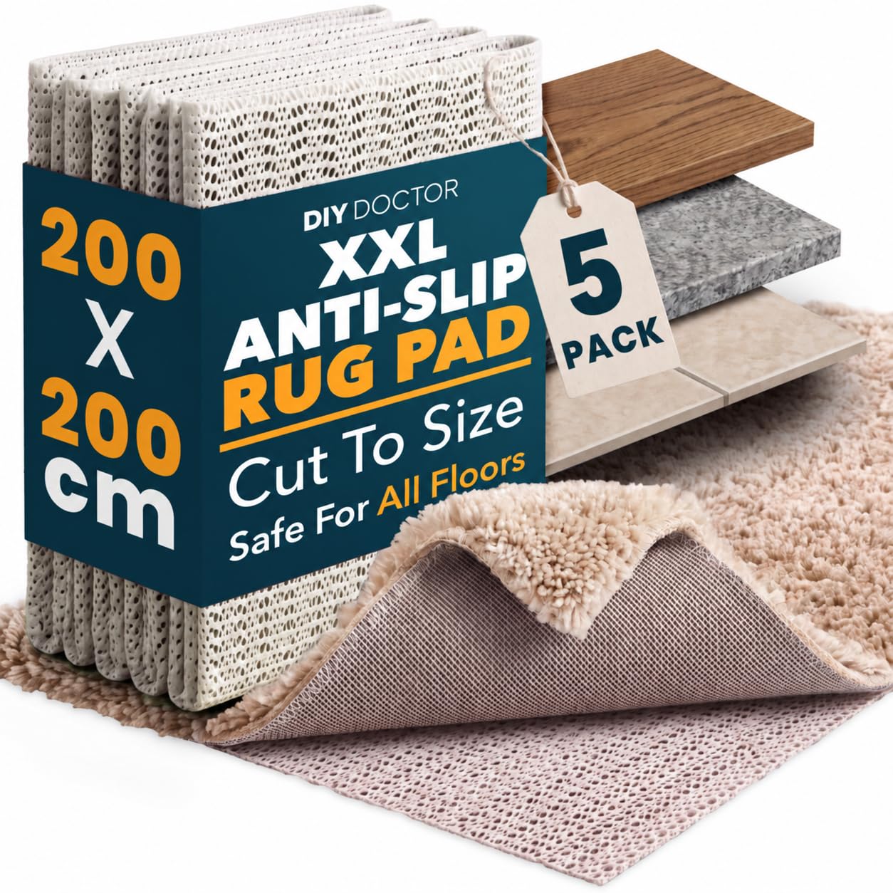 DIY Doctor XXL Rug Gripper, 200x200cm Non-Slip Underlay, 5 Pack
