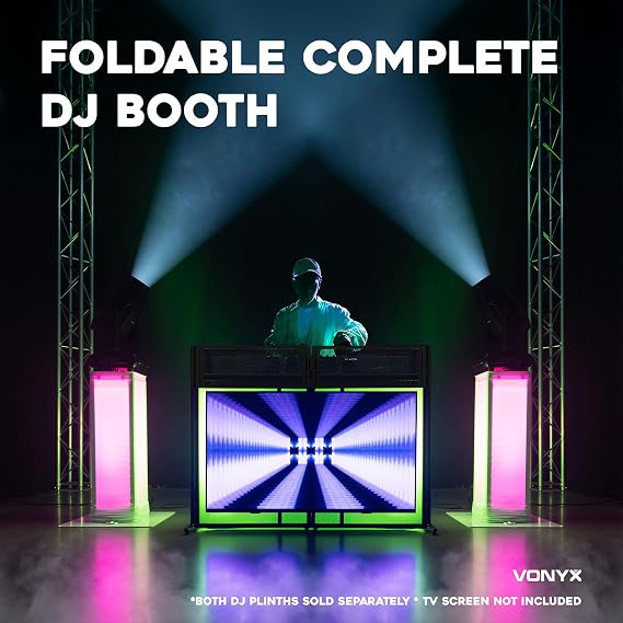 VONYX Foldable DJ Booth with TV Mount and Overhead Lighting T-Bar, Complete DJ Booth with TV Screen, DJ Facade with TV, Mobile DJ Setup for Weddings Parties Events