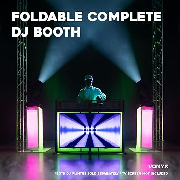 VONYX Foldable DJ Booth with TV Mount and Overhead Lighting T-Bar, Complete DJ Booth with TV Screen, DJ Facade with TV, Mobile DJ Setup for Weddings Parties Events
