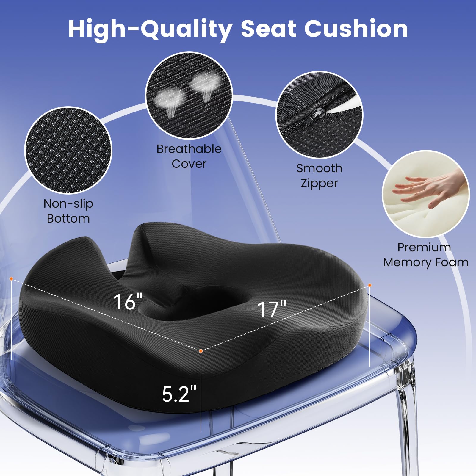Sitzkissen, Ergonomisches Donut Kissen, Memory Foam Sitzkissen Bürostuhl mit Loch & U-förmigem Design, Bequemes Sitzring für Bürostuhl, Autositz, Homeoffice & Rollstuhl, mit Atmungsaktivem Bezug