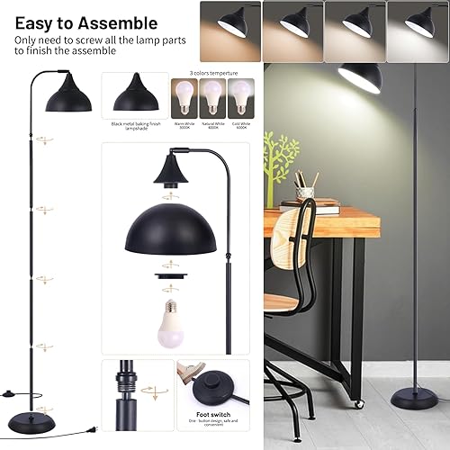 Miniatura 4 de Lámpara de pie LED industrial, lámpara de pie ajustable de metal negro para sala de estar, dormitorio, oficina, lámpara de lectura alta de cabeza
