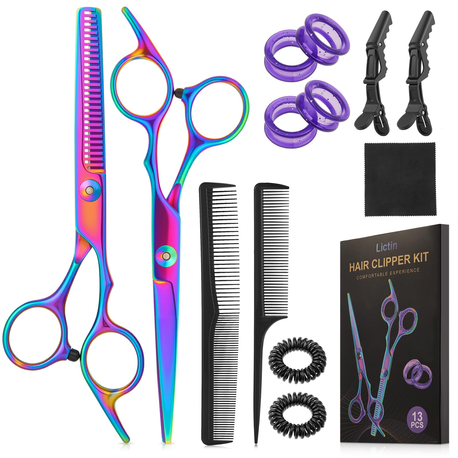 Lictin Ket Forbici Parrucchiere Professionali 13 PCS, Forbici per Capelli Dritte e Forbici per Sfoltire i Capelli in Acciaio Inox Ultra Affilato, Manico Ergonomico, Salone/Casa (Multicolore, 6.7")