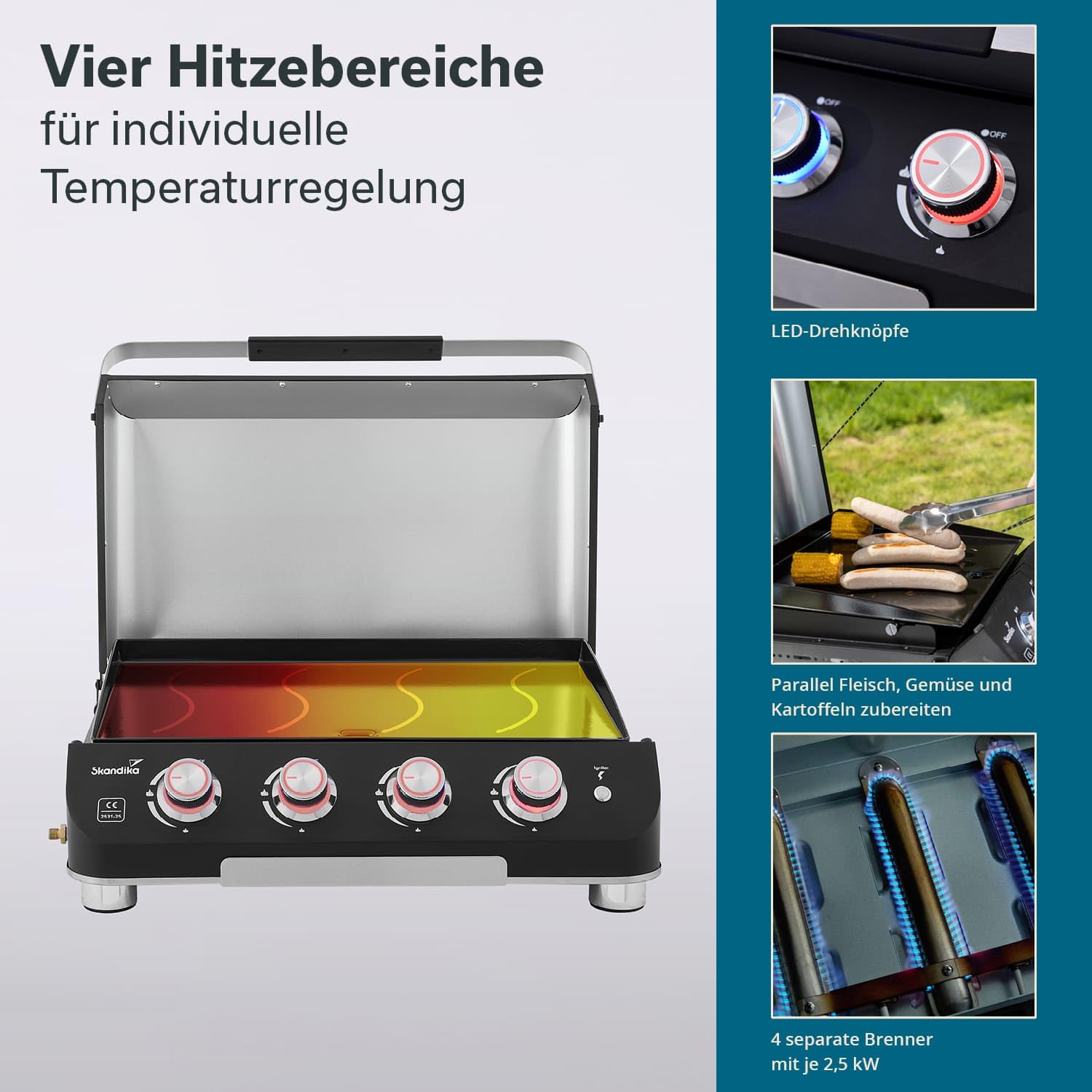 Skandika Plancha à gaz Palo | Plaque de cuisson à 3 ou 4 brûleurs, égouttoir, barbecue à gaz transportable avec plaque plancha | Camping, bbq de table, jardin (4 brûleurs avec couvercle)