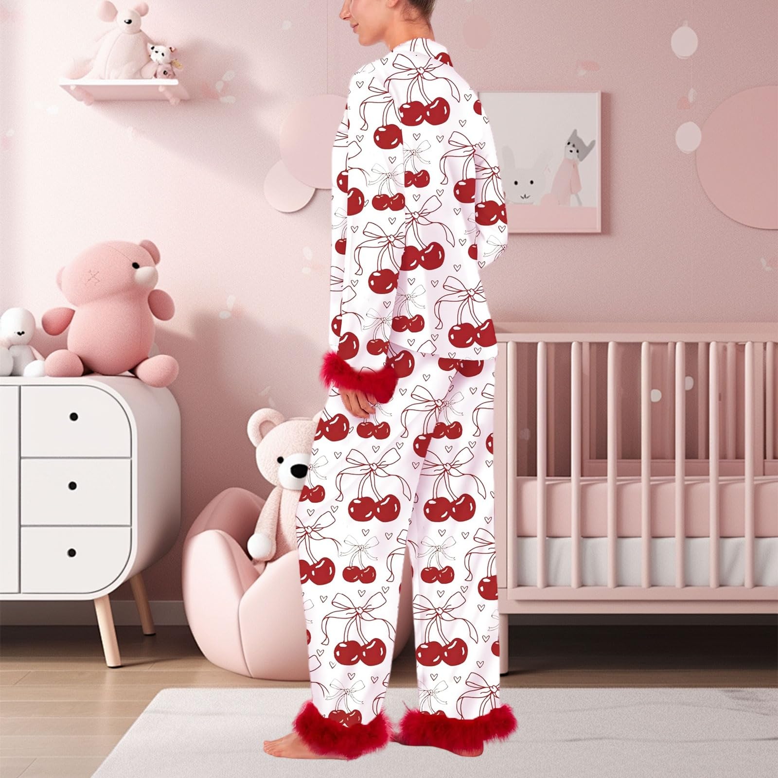 Conjunto de pijama de seda para mujer con diseño de corazón y lazo, camiseta de manga larga y pantalones, ropa de dormir de 2 piezas, pijama de satén lujoso para mujer, estampado de corazón y