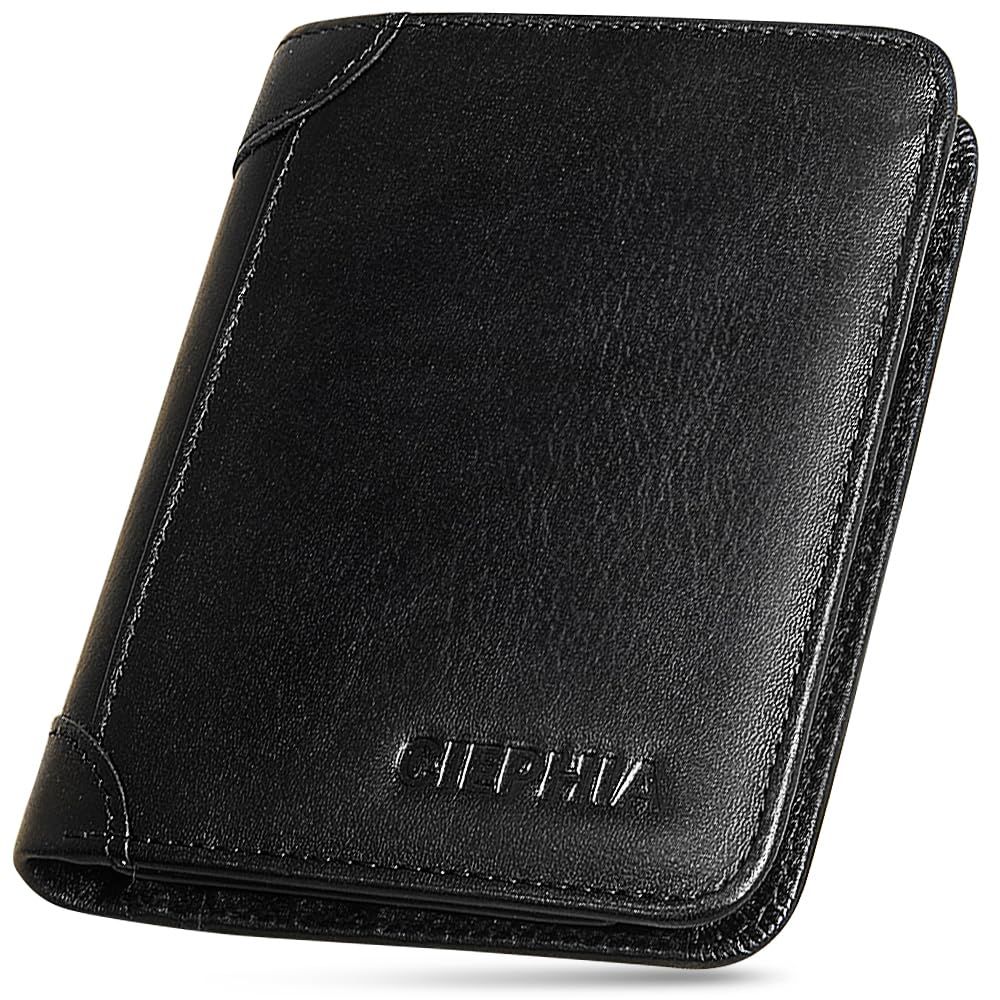 RFID Blocking Trifold Genuine Leather Wallets for Men, Vintage Short Multi Function Credit Card Holder,Money Clips with 2 ID Windows Give Gifts to Men (Black)