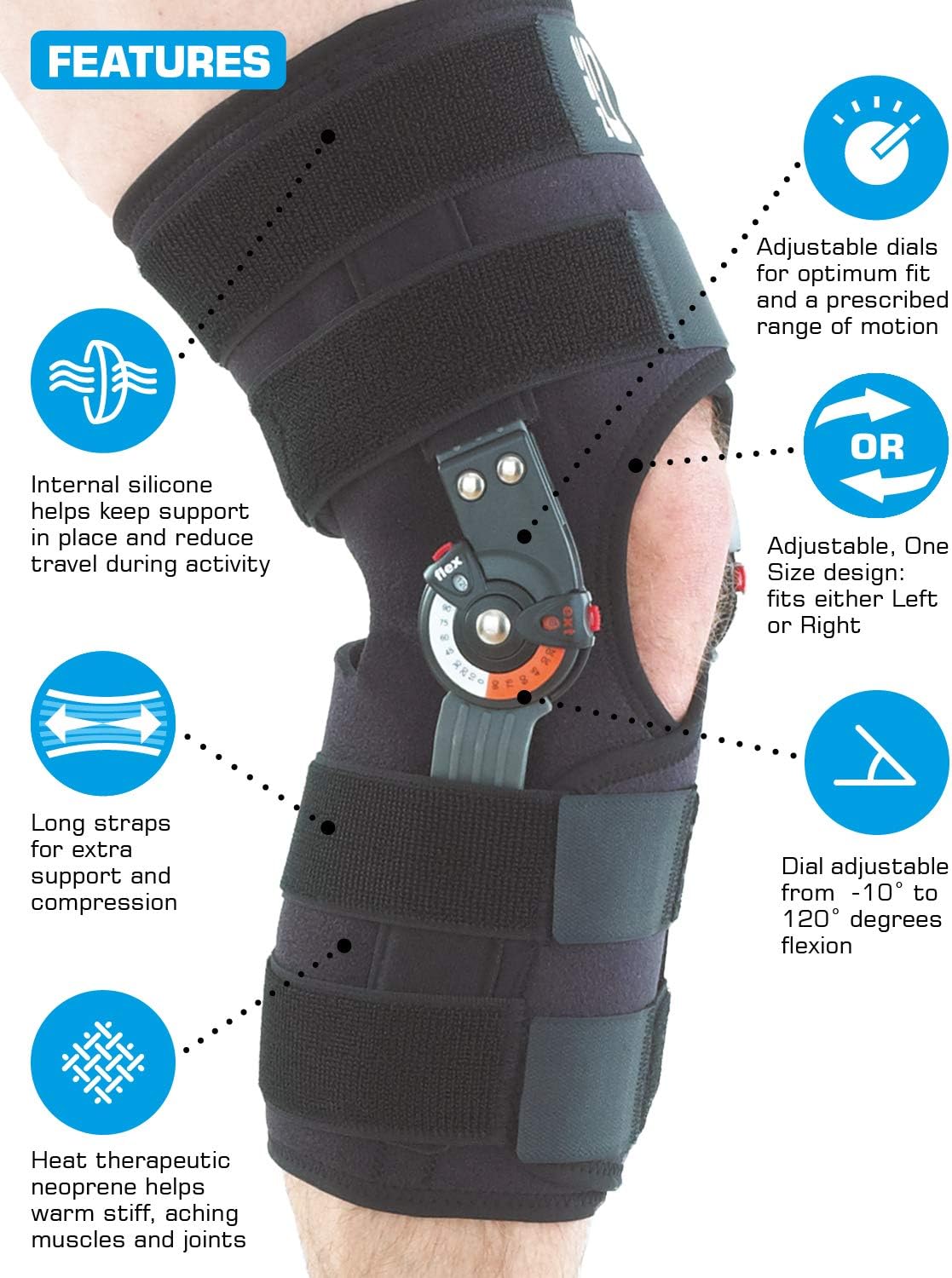Neo-G Hinged Knee Brace, Firm Support - Adjustable Dials for Tendon Strains, Ligament Strains, ACL, Arthritis, Joint Pain, Injury Recovery - Open Patella - Class 1 Medical Device