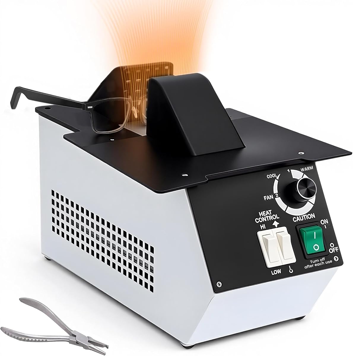 Professional Optical Frame Adjustment Machine 110V, Adjustable Temperature 80–130°C with Hot & Cool Air for Plastic & Acetate Glasses, Nose Pad Pliers Included