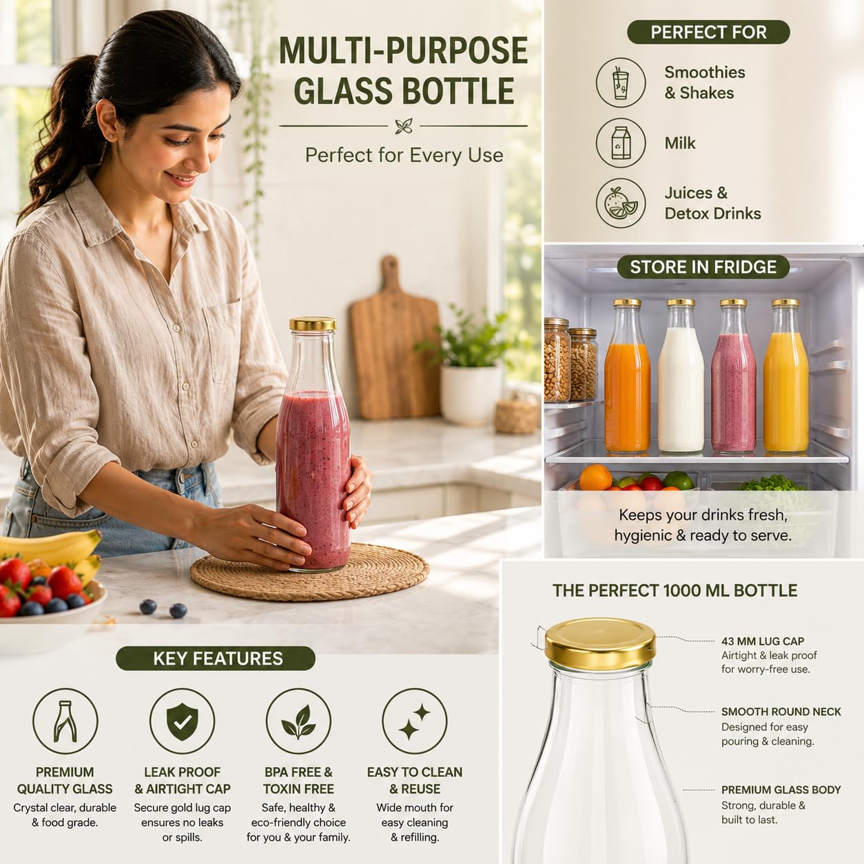 Pure Source India Glass Bottle - 1L Airtight -4