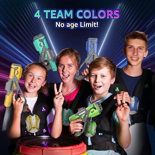 Miniatura 5 de Juego de 4 pistolas láser recargables con chalecos, juego de 4 pistolas láser mejoradas con efecto de niebla y LED digital, juguete multijugador