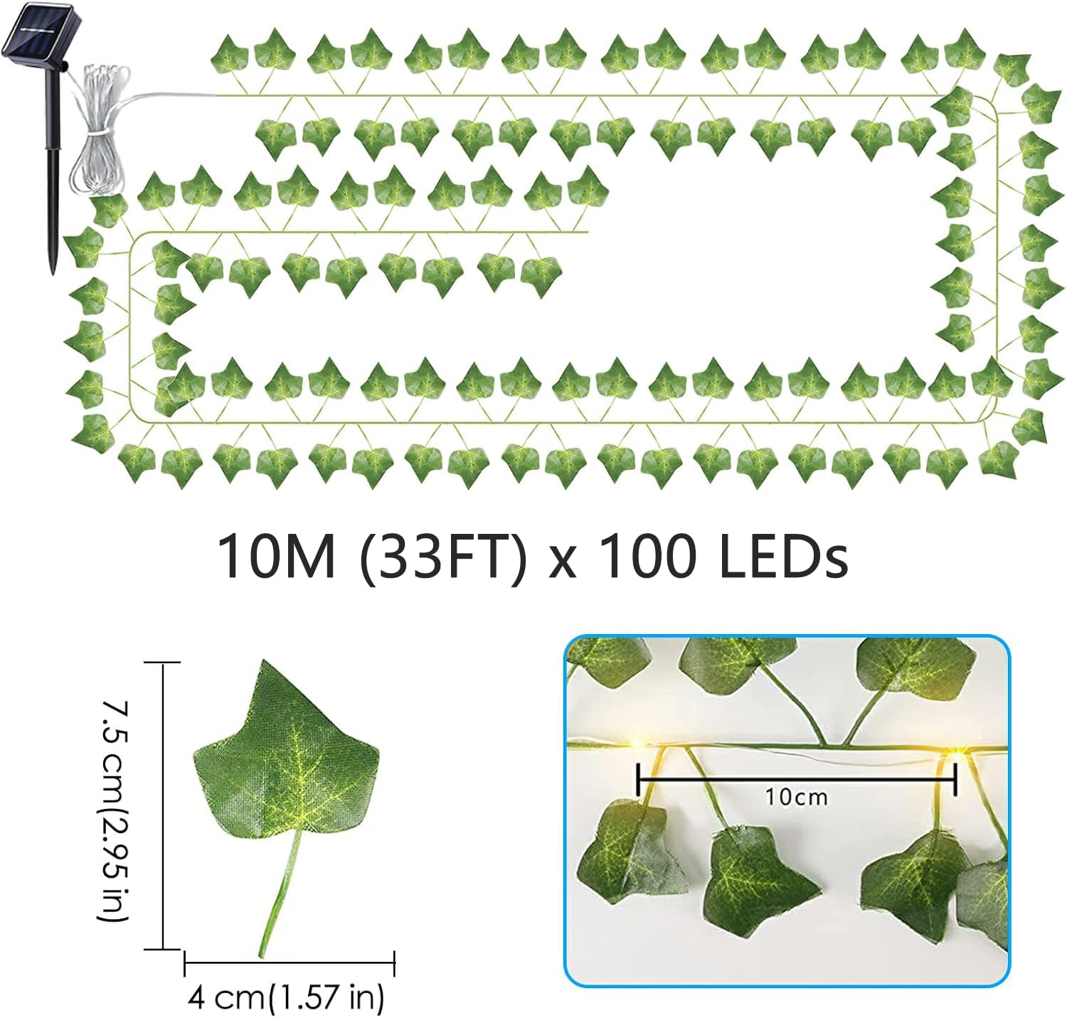 Guirnalda de luces solares impermeables para exteriores, guirnalda de luces solares para decoración de jardín, vides falsas de 33 pies con luces, 8 modos de luces artificiales para patio