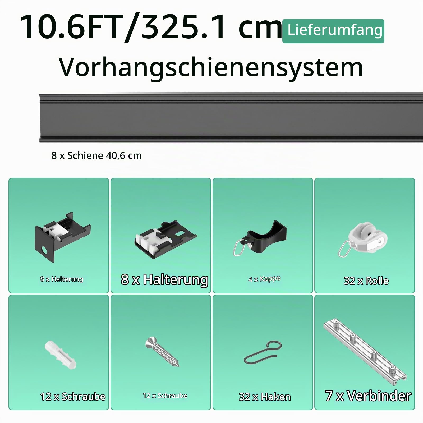 Flexible biegbare Aluminium-Vorhangschiene, Decken- oder Wandhalterung,8x40cm(320cm), Decken- und Wandhalterung, robuste Raumteiler, Gardinenschienen, Schwarz