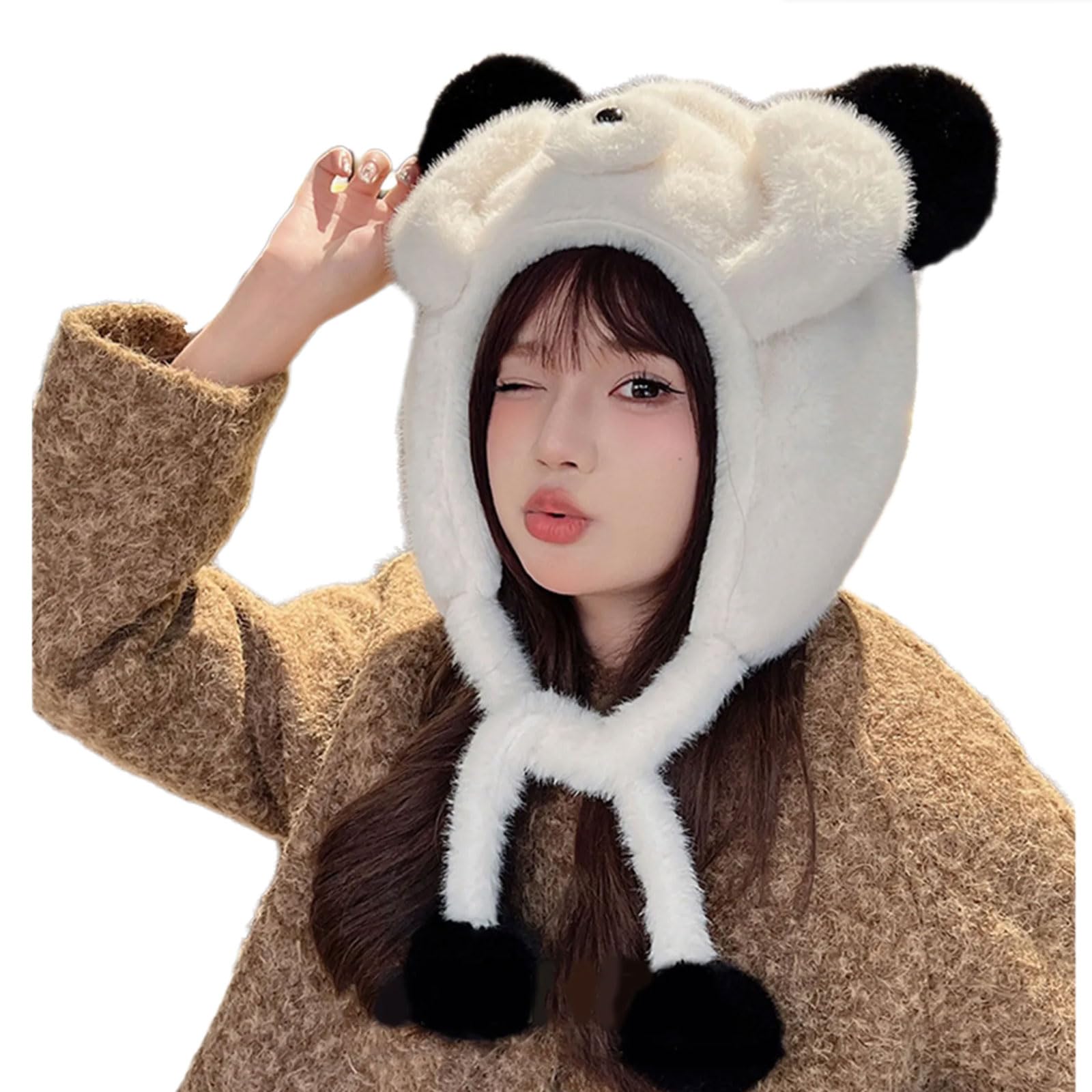 Cartoon Plush Hat with Warm Earflap Female Male Outdoor Activity Skiing Hat Pullover Hat Winter Windproof Trapper Hat White