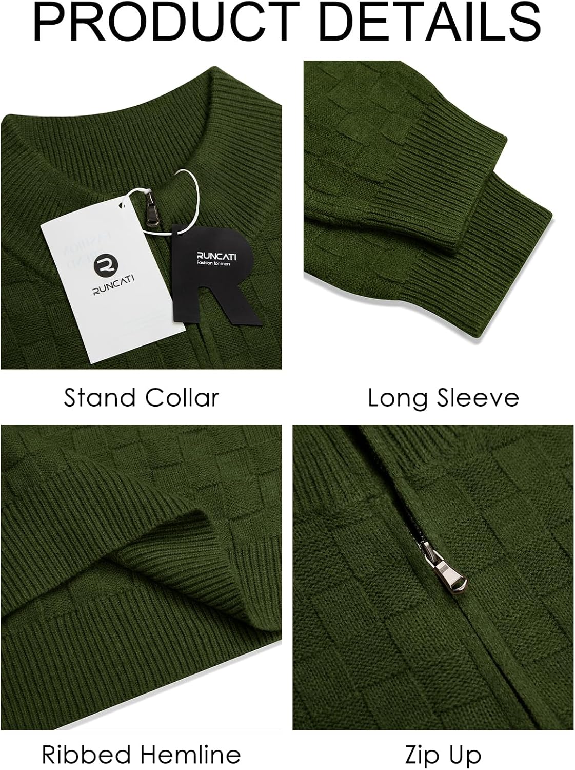 Runcati Mens Quarter Zip Pullover Sweater Casual Mock Neck Slim Fit Checkered Knitted Polo Sweaters - Image 5