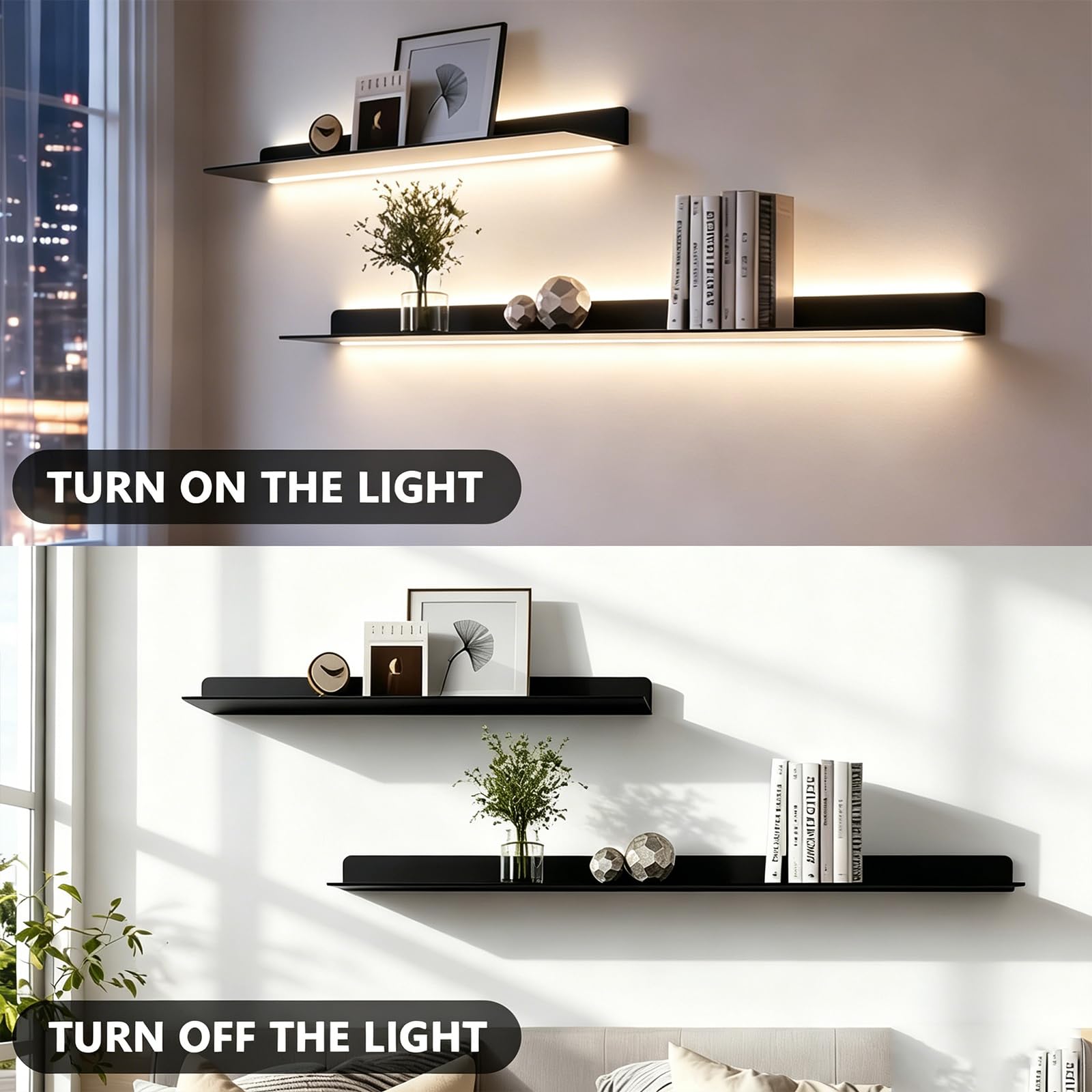 Estantes Flotantes Metálicos De Pared con Luces Led, Gran Capacidad De Carga para Sala De Estar, Cocina Y Baño, Estante Expositor con Iluminación Led Integrada (Negro, 80 Cm).