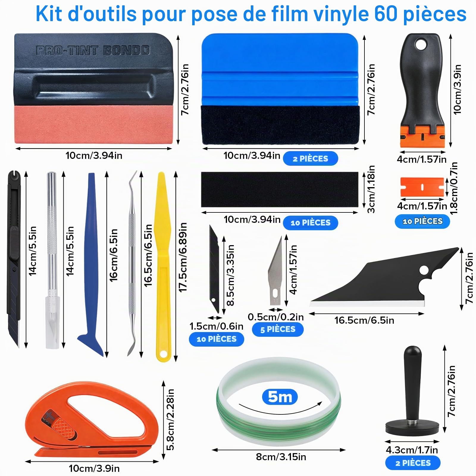 60 Pièces Kit de Film Teinté Voiture,Covering Outils Vitre Teintée Voiture avec Corde de découpe 5m,Kit de Vinyle Film pour Vitre,Fenêtre,Mural,Meuble,Raclette en Feutre,Sac de Rangement