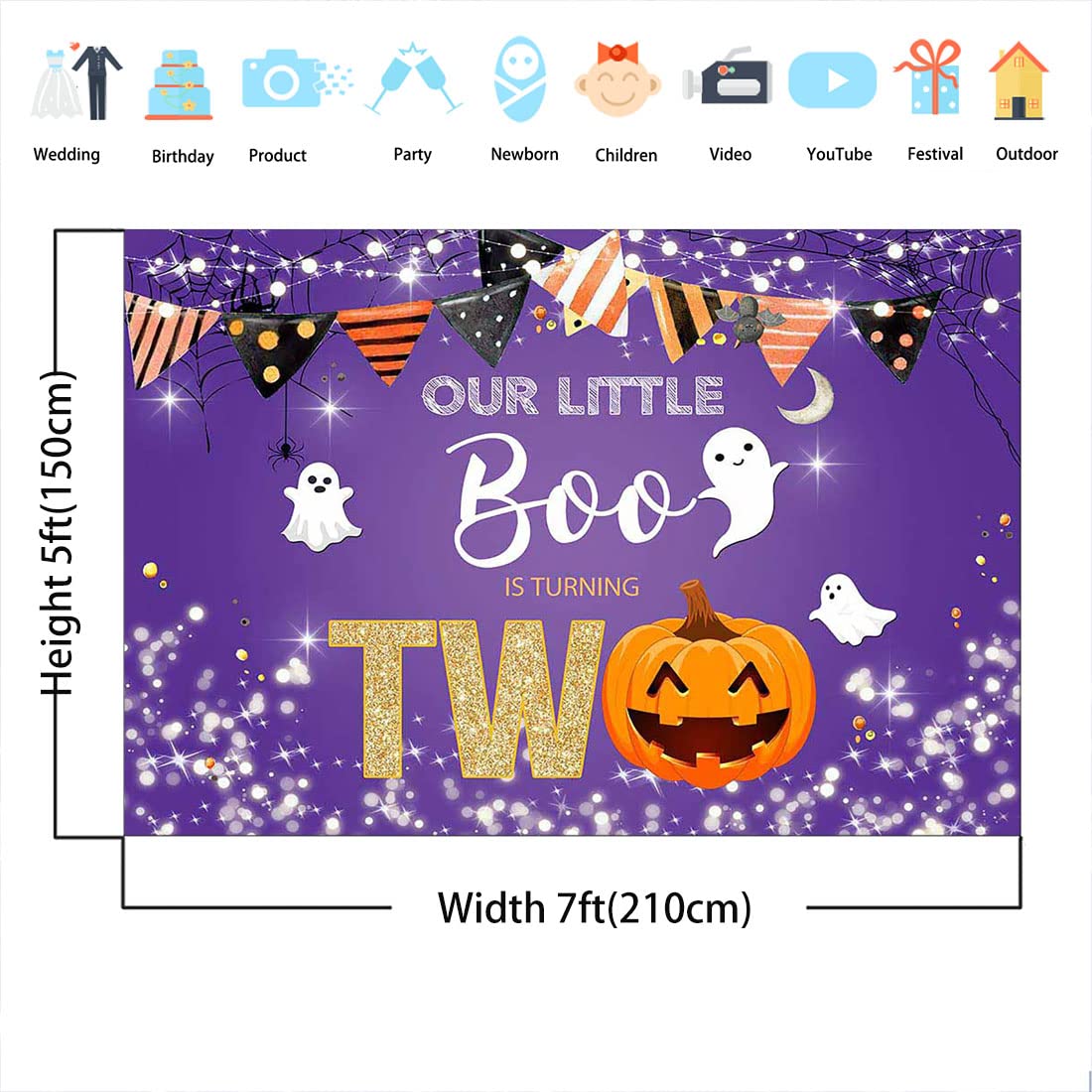Halloween-Hintergrund „Little Boo I'm Two“ – 179,8 X 110 Cm Vinyl-Banner Für 2. Geburtstagsparty