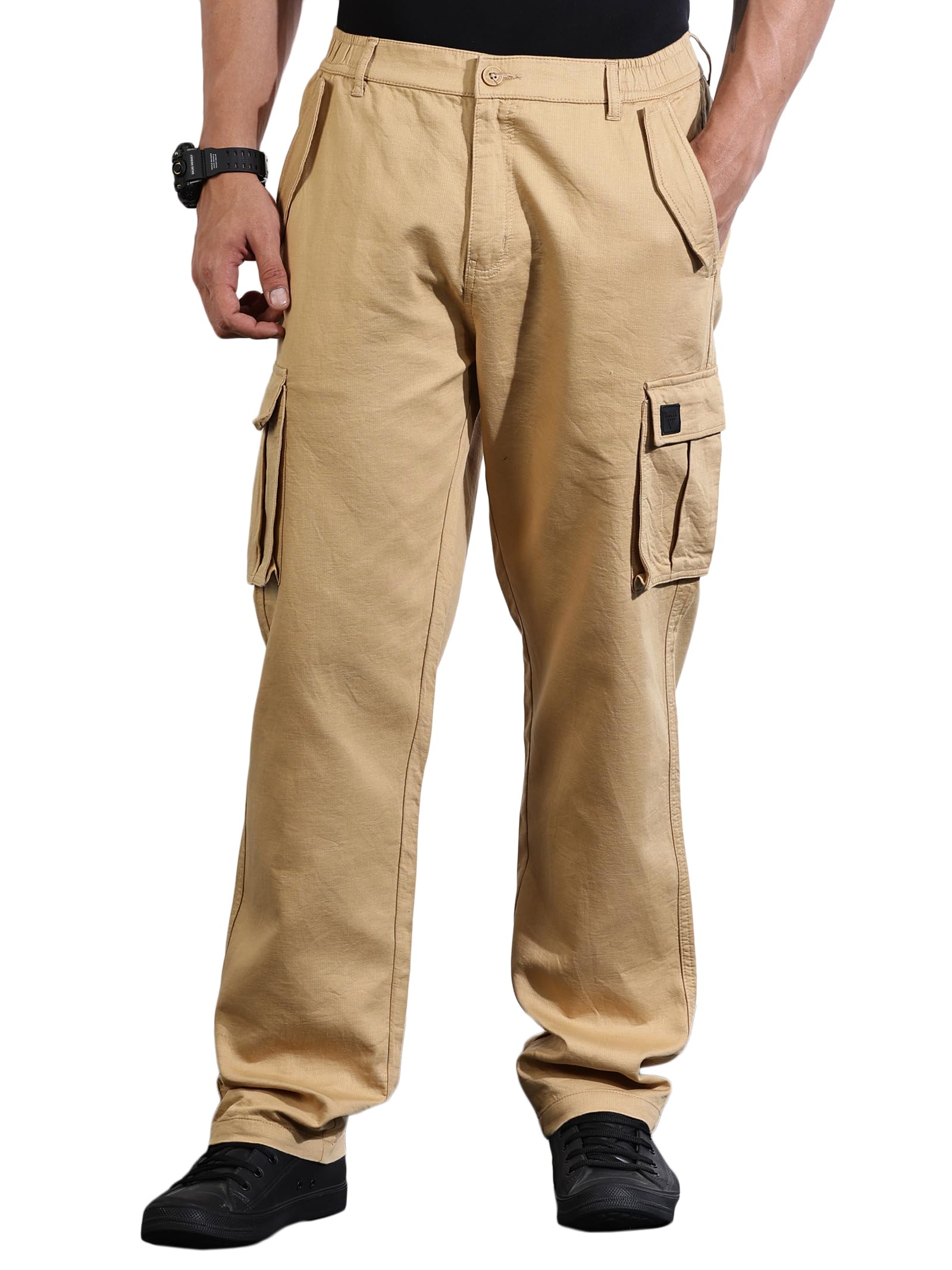 Global Desi Men's | Solid | Light Weight | Breathable Fabric | 6 Pockets | Mid Rise | Relaxed Fit | 100% Cotton | Button Waist | Cargo | Trouser | Pants in neutral