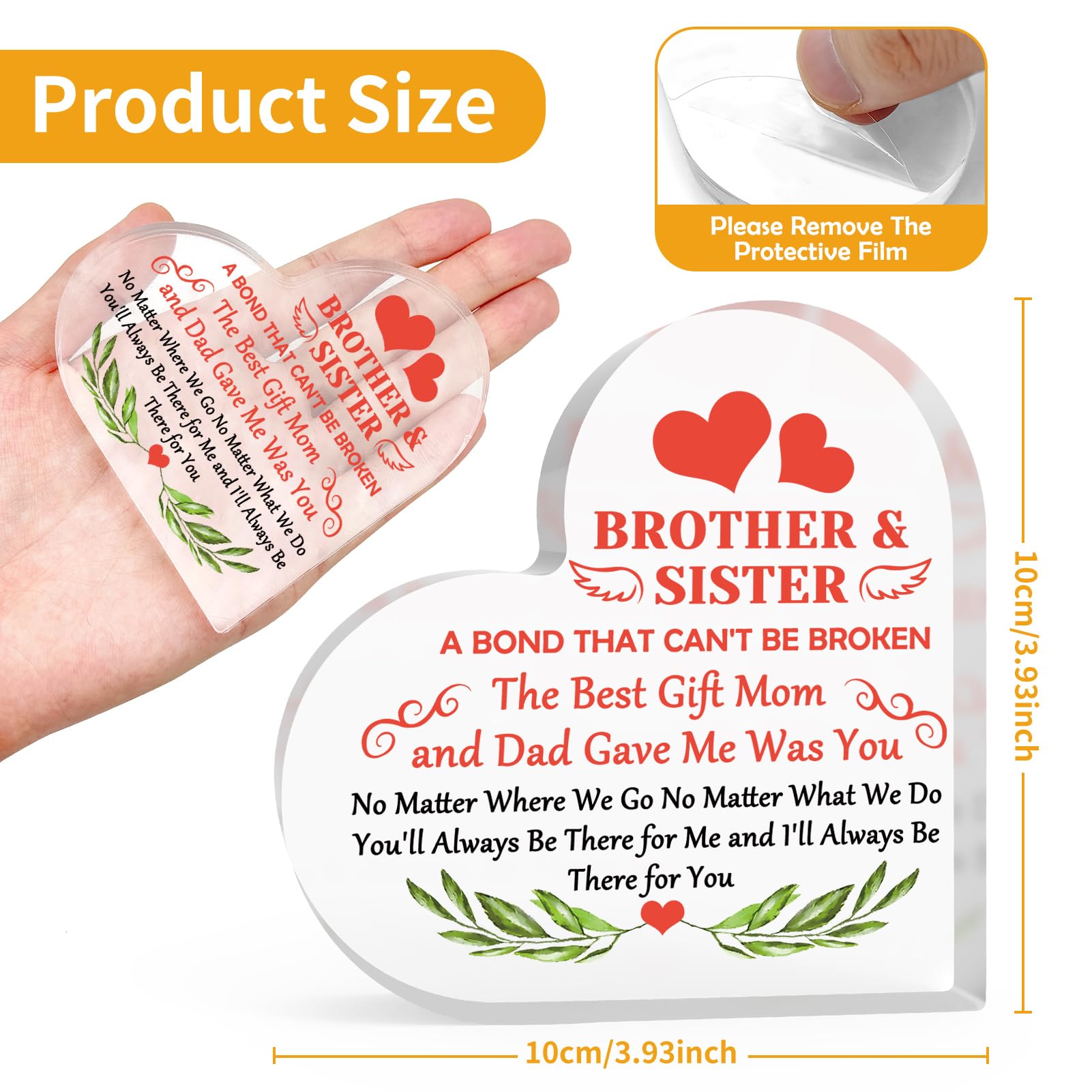 Inspirational Gift for Brother To My Sister Gift from Brother Heart Shaped Acrylic Decor Graduation Gift for Sibling Appreciation Gift for Sister Brother Acrylic Sign Gift Birthday Gift for Sibling