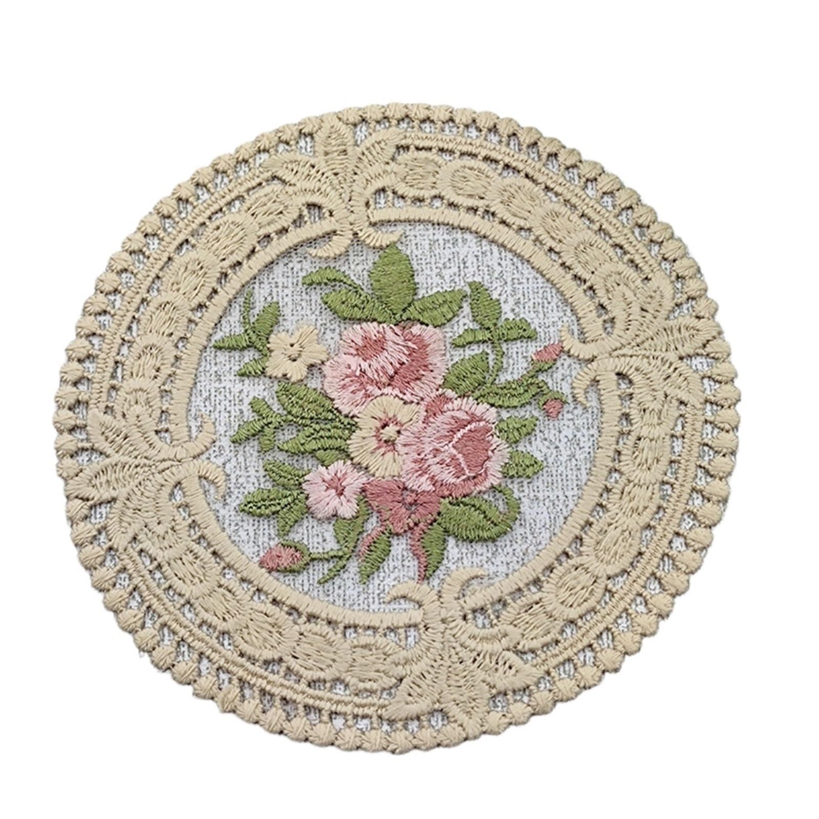Lace Coasters 12cm Retro Lace Coaster Placemat Embroidery Craft Bowls Coffee Cups Fabric Anti-Scald Table Plate Mat(Brown)