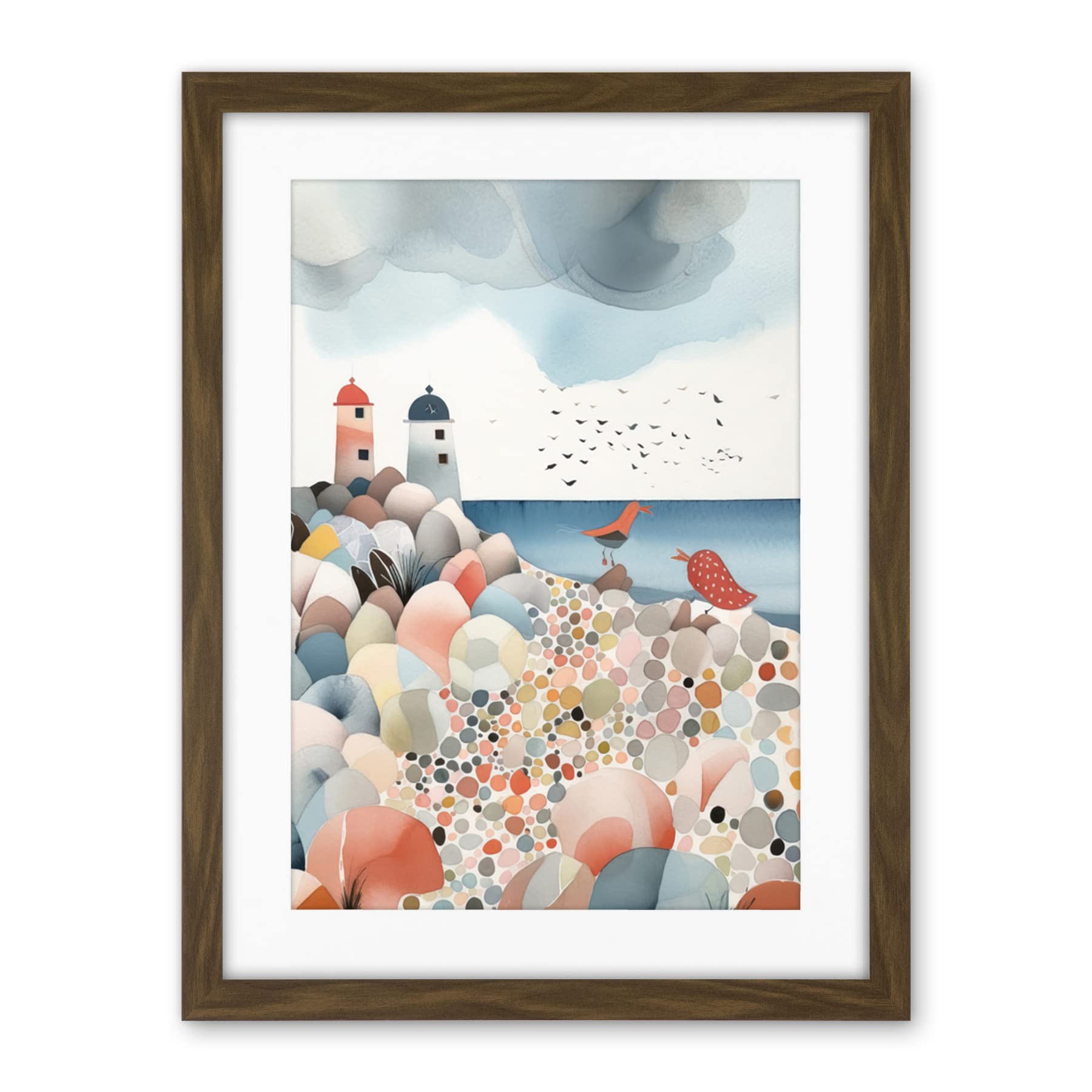 Artery8 Lighthouses On Multicoloured Pebble Beach Watercolour Painting Artwork Framed Wall Art Print 18X24 Inch