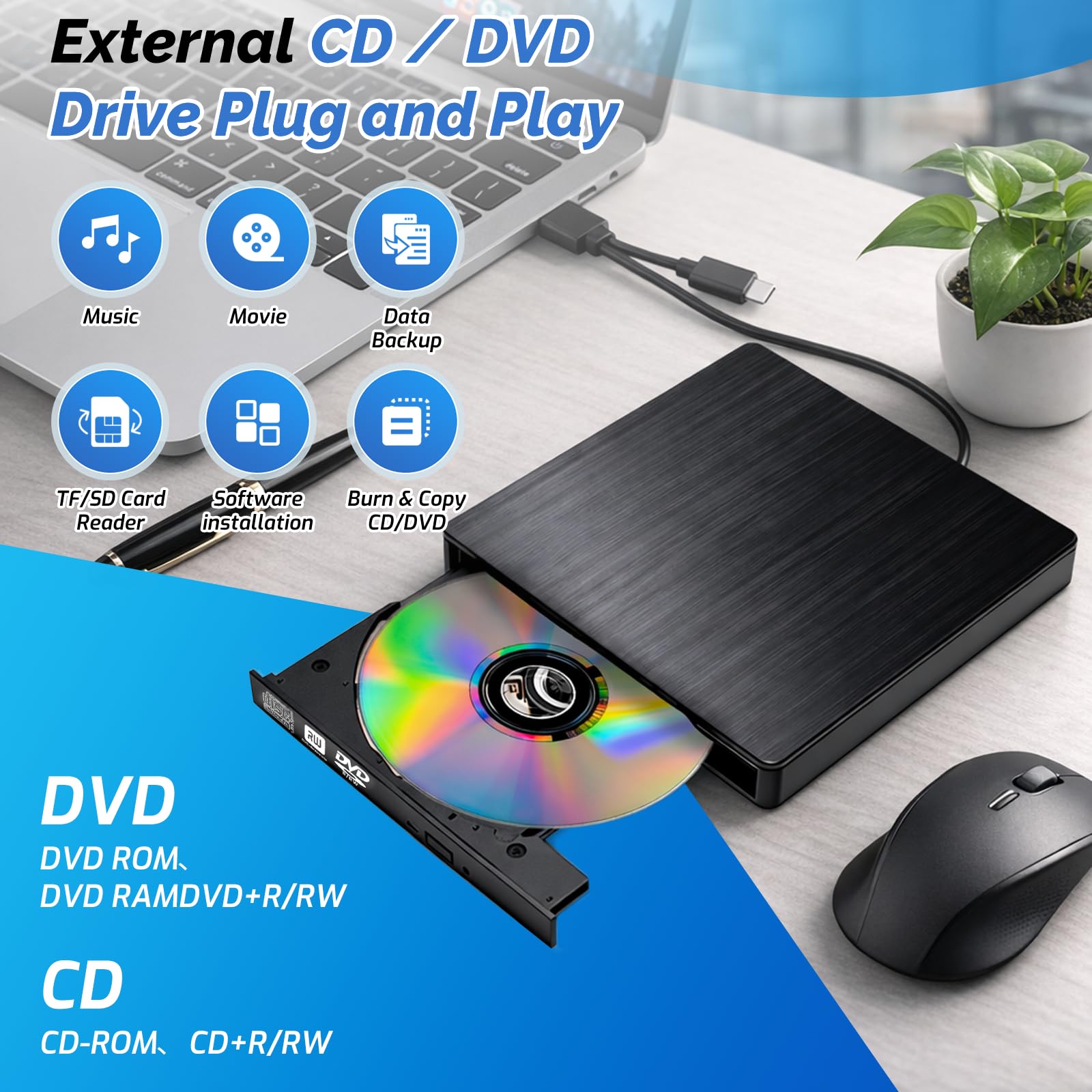 External CD DVD Drive for Laptop, Slim Portable Player CD DVD RW Writer Reader Burner, USB 3.0 and Type-C Optical, Compatible with Laptop Desktop PC Windows XP/7/8/10/11 Mac — view 8