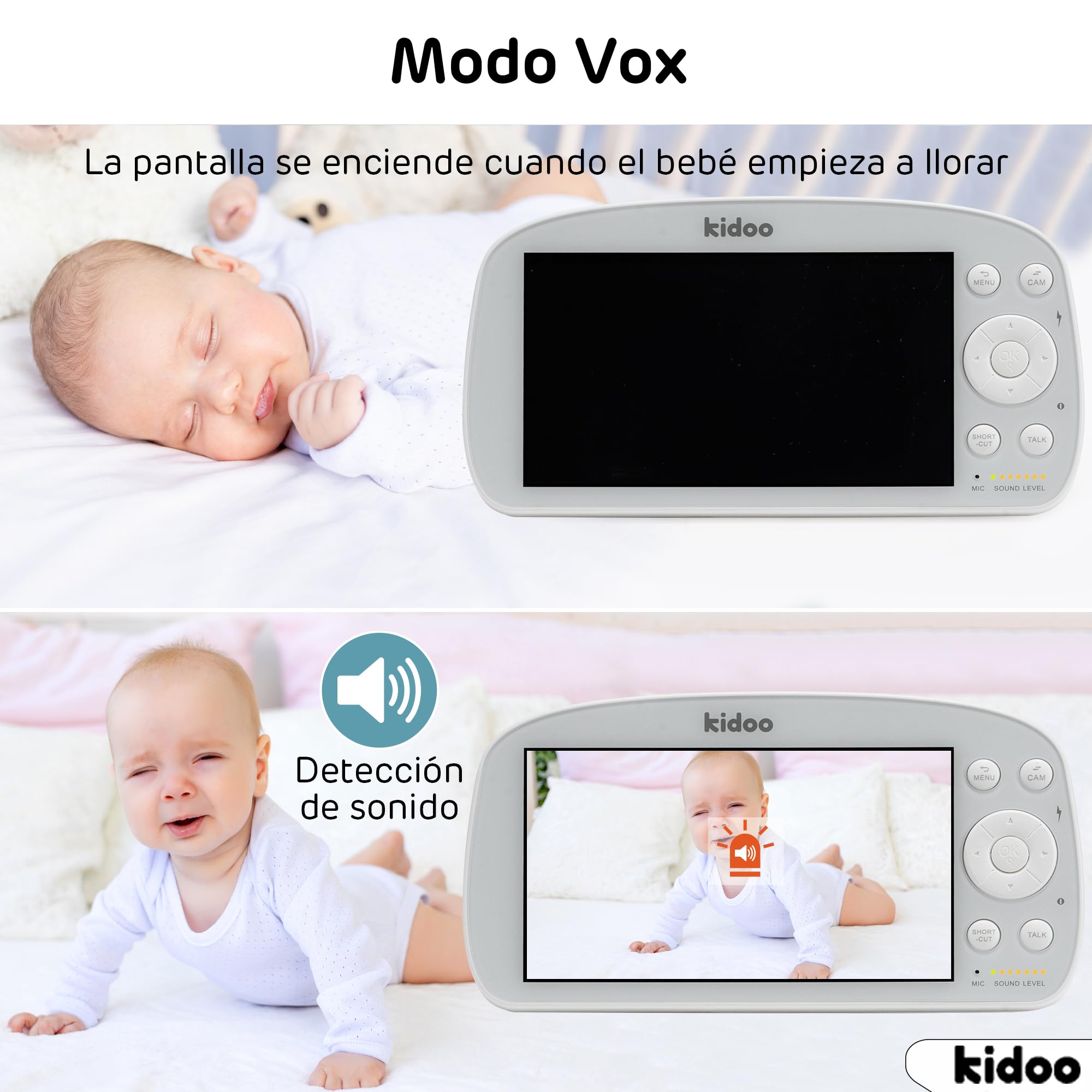 kidoo - Vigilabebés con Cámara y Audio, Monitor con Pantalla 720p HD de 5.5", Inteligencia VOX, Zoom x4, Visión Nocturna, Comunicación Bidireccional, Sensor de Temperatura y Alarma de Alimentación