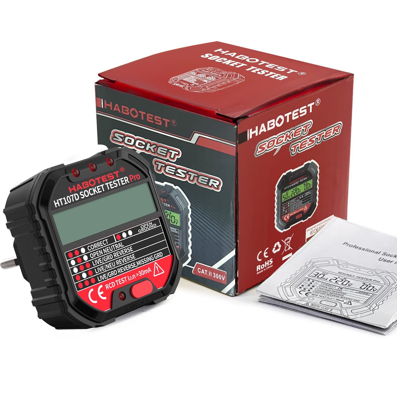 Tester de Prese, Tester per Circuiti Elettrici con Test RCD e Display LCD, Rilevatore Cavi Elettrici 6 tipi di Diagnosi dei Guasti, Visualizzazione tensione 90-250 V/CAT.II 300V (EU Plug)
