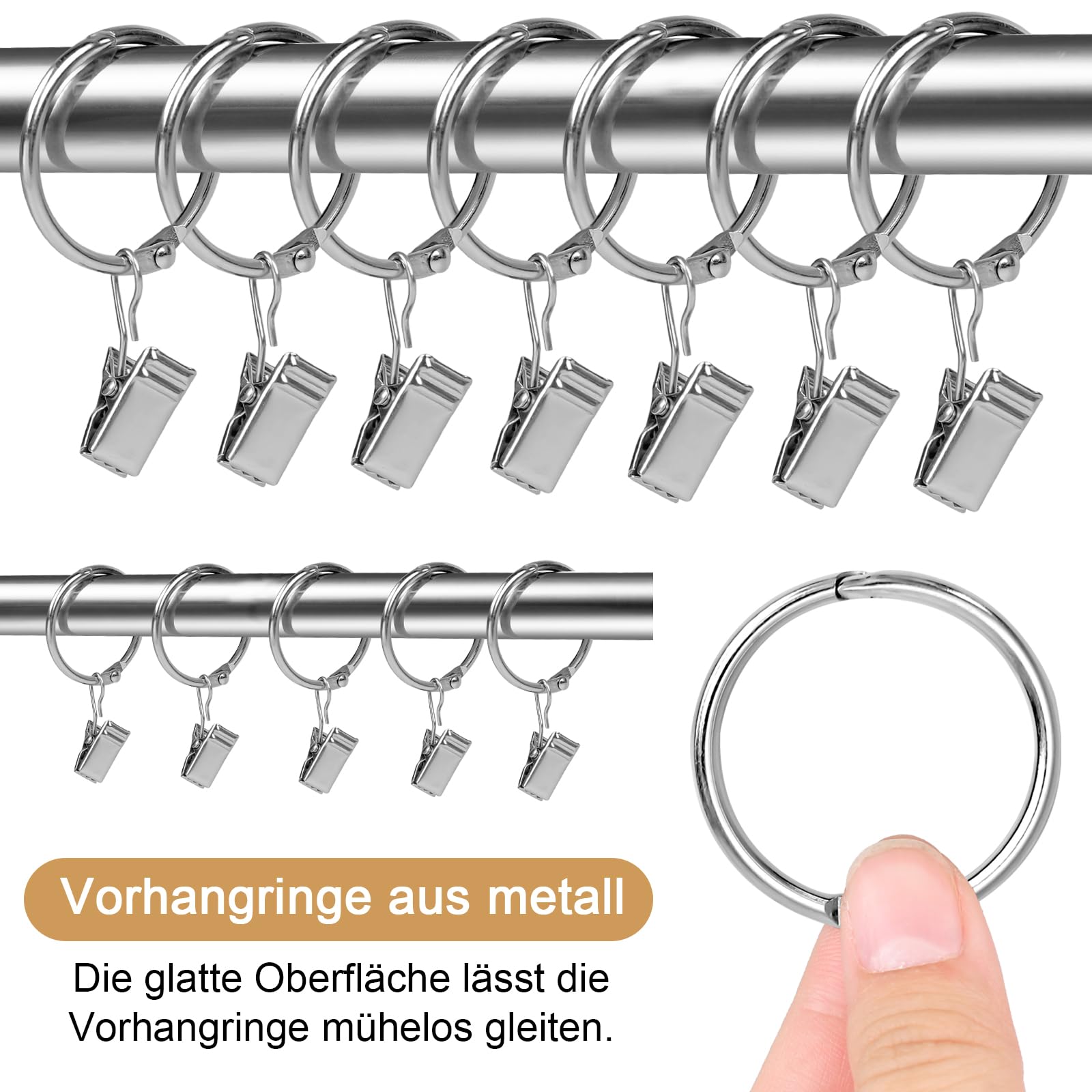 Lot De 25 Anneaux De Rideau Avec Clips Métal Argenté - Diamètre Intérieur 32 Mm, Réutilisables - 10