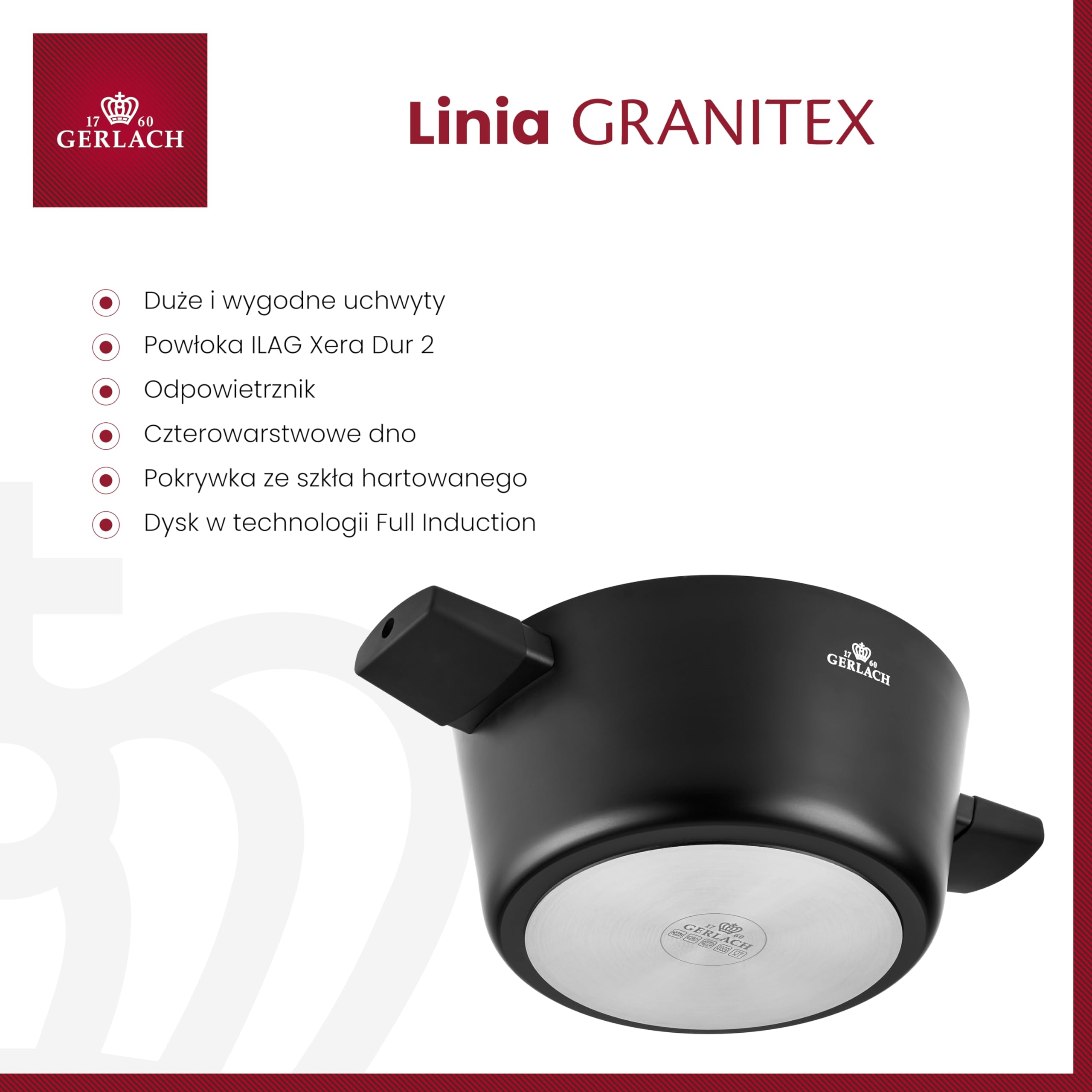 Gerlach Granitex Garnek Z Powłoką Ceramiczną Garnki z Pokrywką Indukcja Elektryczne Gazowe Ceramiczne Kuchenki Czarny 24 cm 4,4L