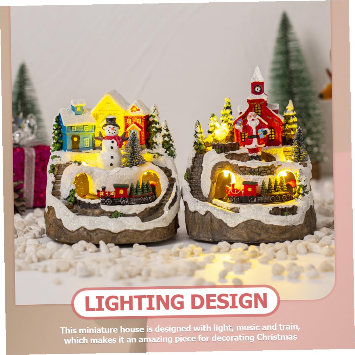 Casa Iluminada Navideña de Resina con Sonido y Tren, Adorno Rústico para Mantel y Cocina, Adorno Tradicional para Mesa de Navidad