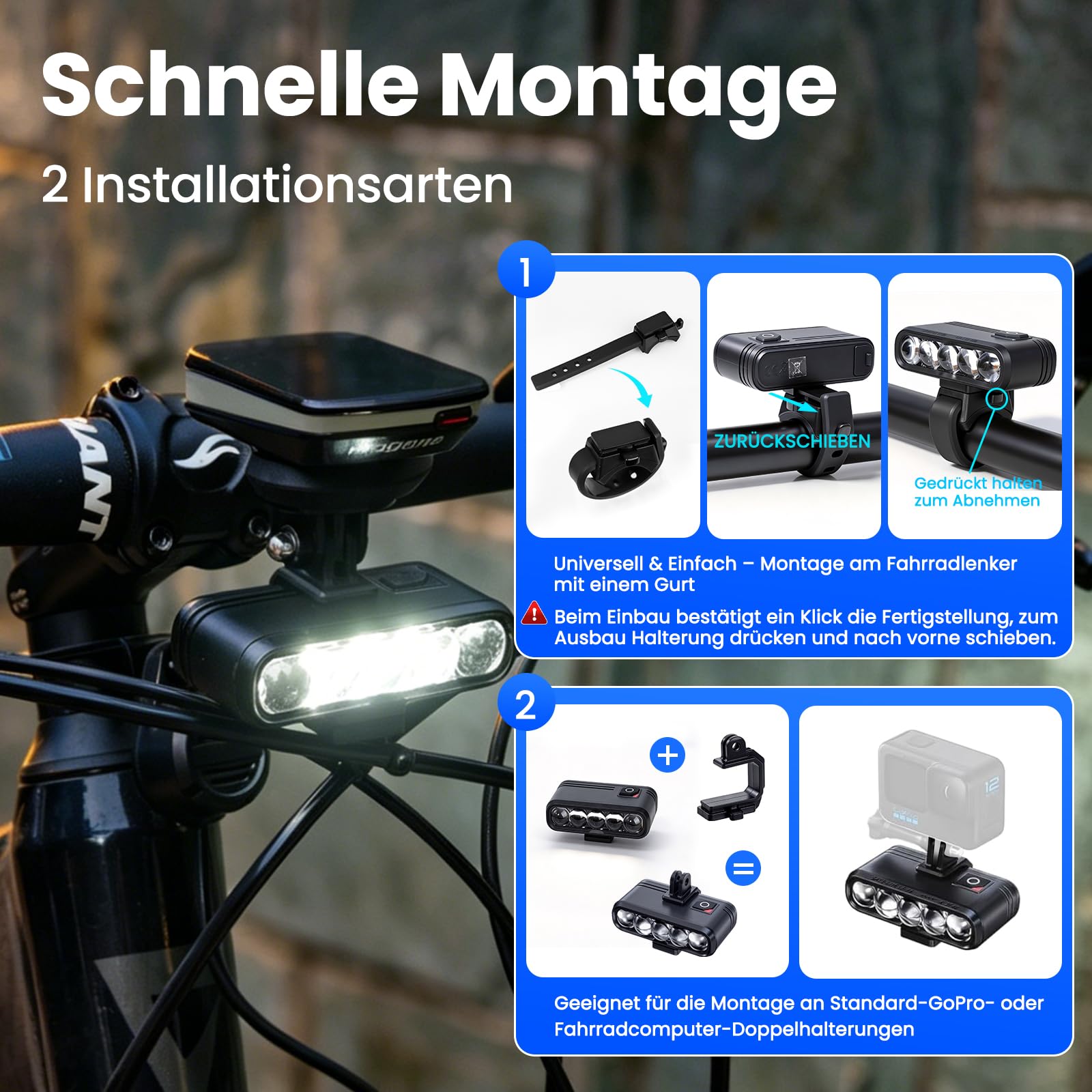Kit d'éclairage LED rechargeable pour vélo conforme à la norme STVZO avec support GoPro