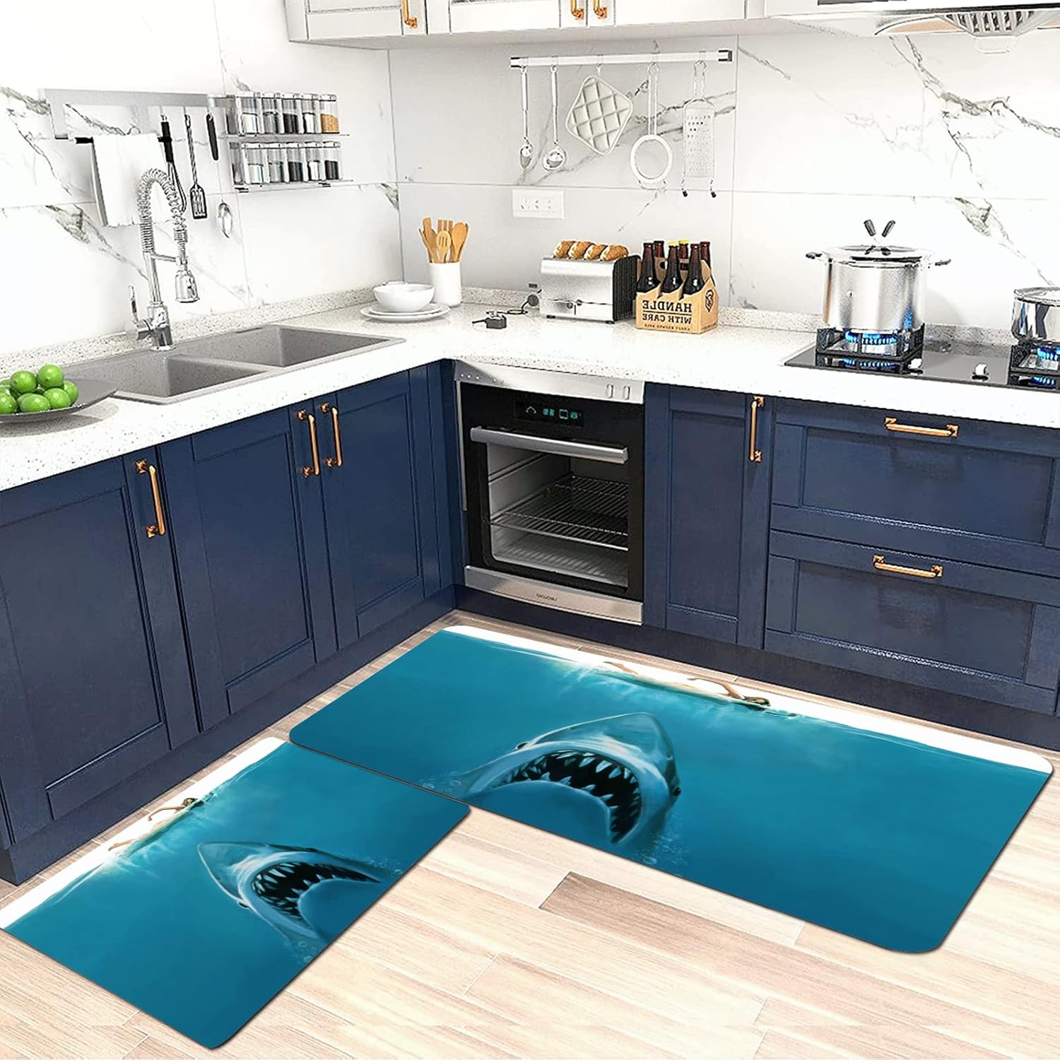 SHIVNAMI Kitchen Mat Rug Set 2 Piece,Dangerous Shark Underwater Jaws