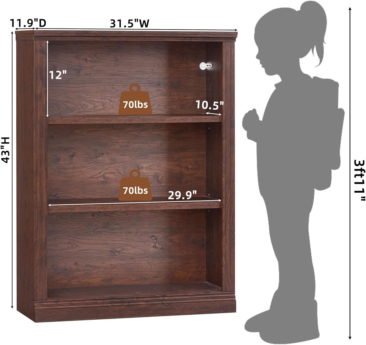 43" Walnut Tall Bookshelf,3-Tier Thick Wooden Book Shelf with Adjustable Shelves,Free Standing Farmhouse Bookcase with Open Display Storage,Floor Vintage Bookshelves for Living Room,Office - Image 2