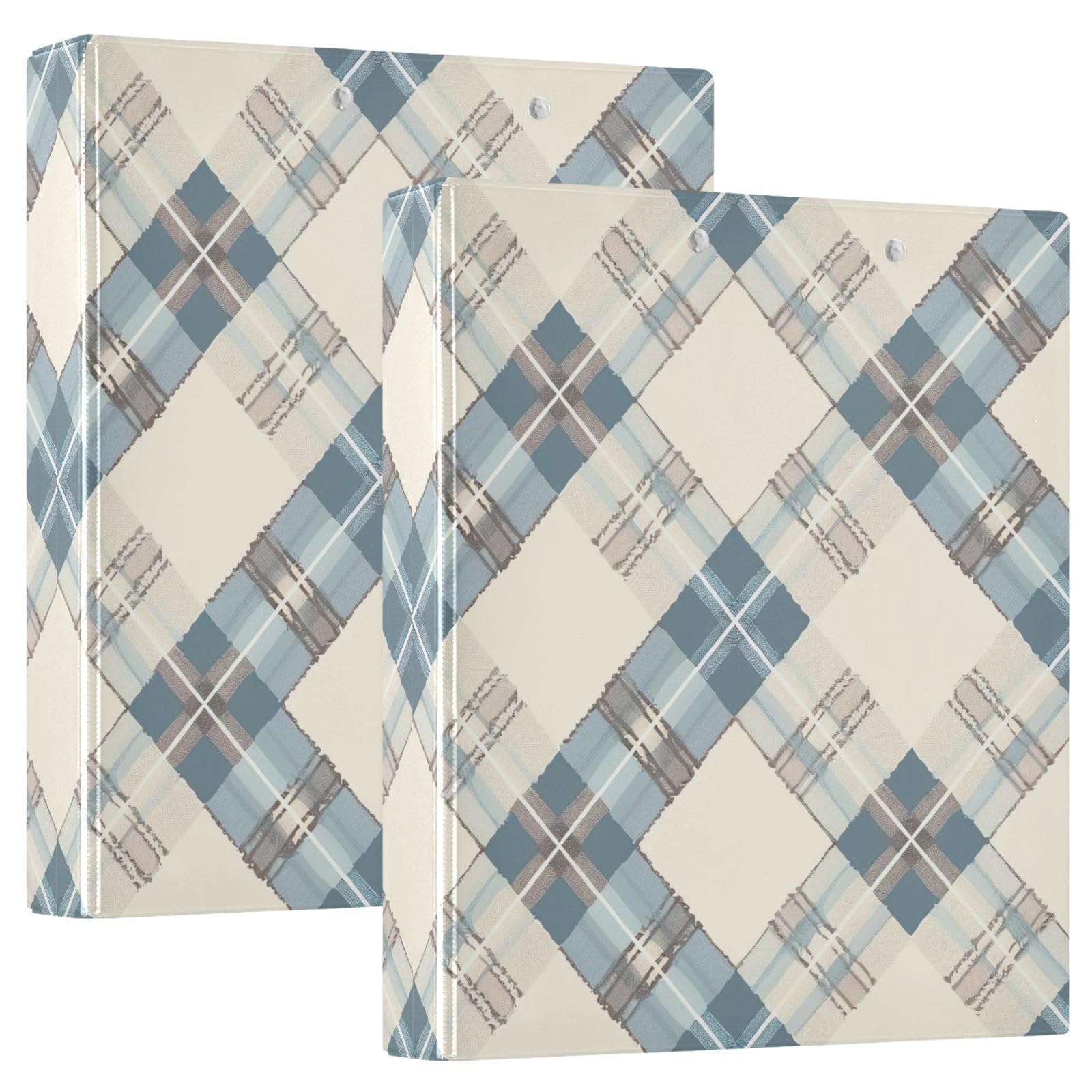 Raccoglitori a 3 anelli, 3,8 cm, motivo scozzese blu pastello, decorativi, con clip in metallo, organizer per casa e ufficio, confezione da 2