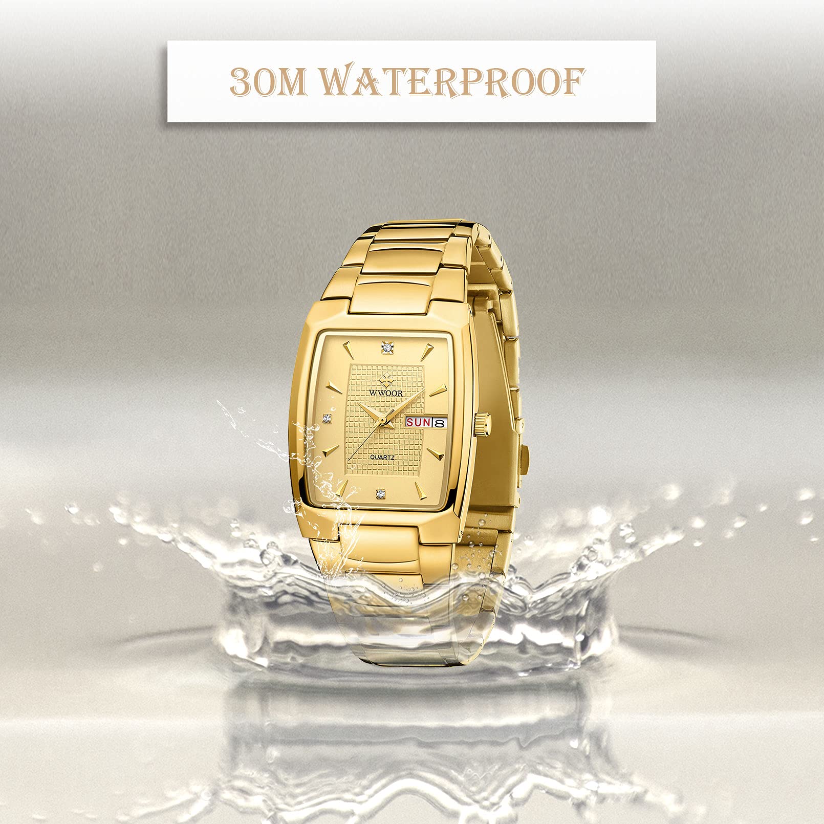 WWOOR Orologio quadrato da uomo, in acciaio inox, analogico, al quarzo, cronografo, con data automatica, tutto oro, cronografo, Tutto Oro, Cronografo