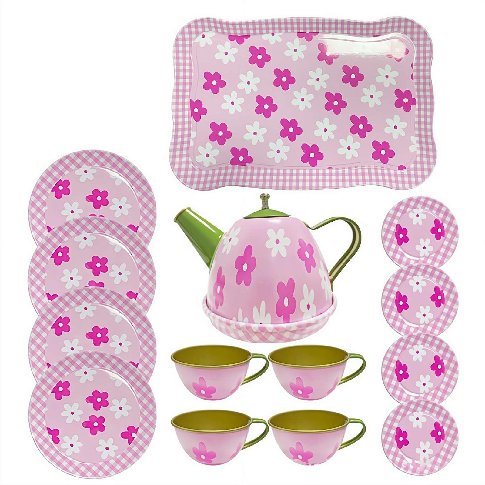 Kids Tea Party Set, Pretend Play Kitchen Party Dessert Cookies Teapot Tray, Metal Flower Te-a Se-t Toys for Toddlers Girls