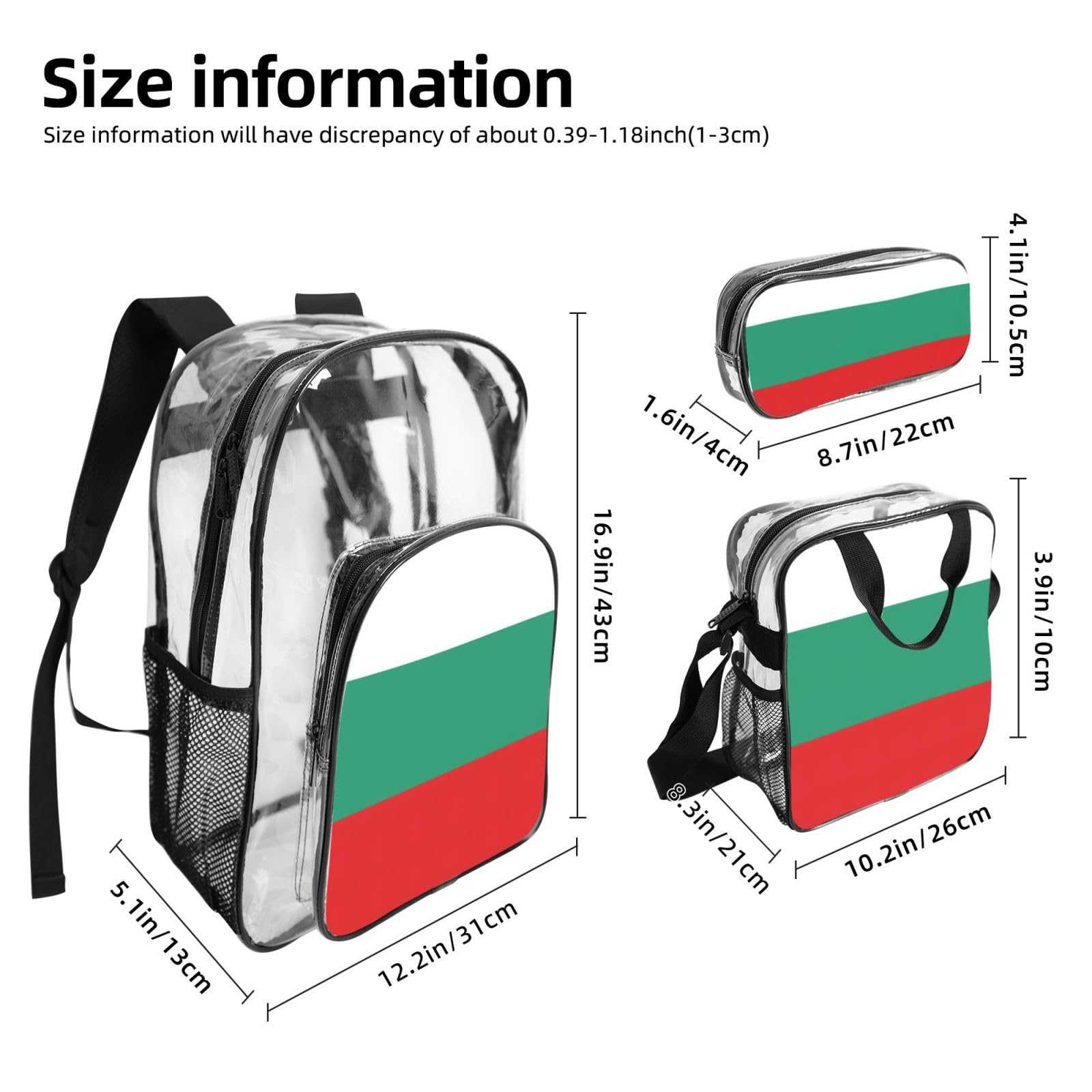 Bułgarska flaga nadruk unisex przezroczysty plecak zestaw 3-częściowy przezroczysty lunch piórnik podróżny na zewnątrz