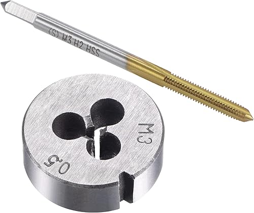 uxcell Juego de grifos y troqueles métricos M3 x 0.5, HSS (acero de alta velocidad), rosca recta de acero de aleación