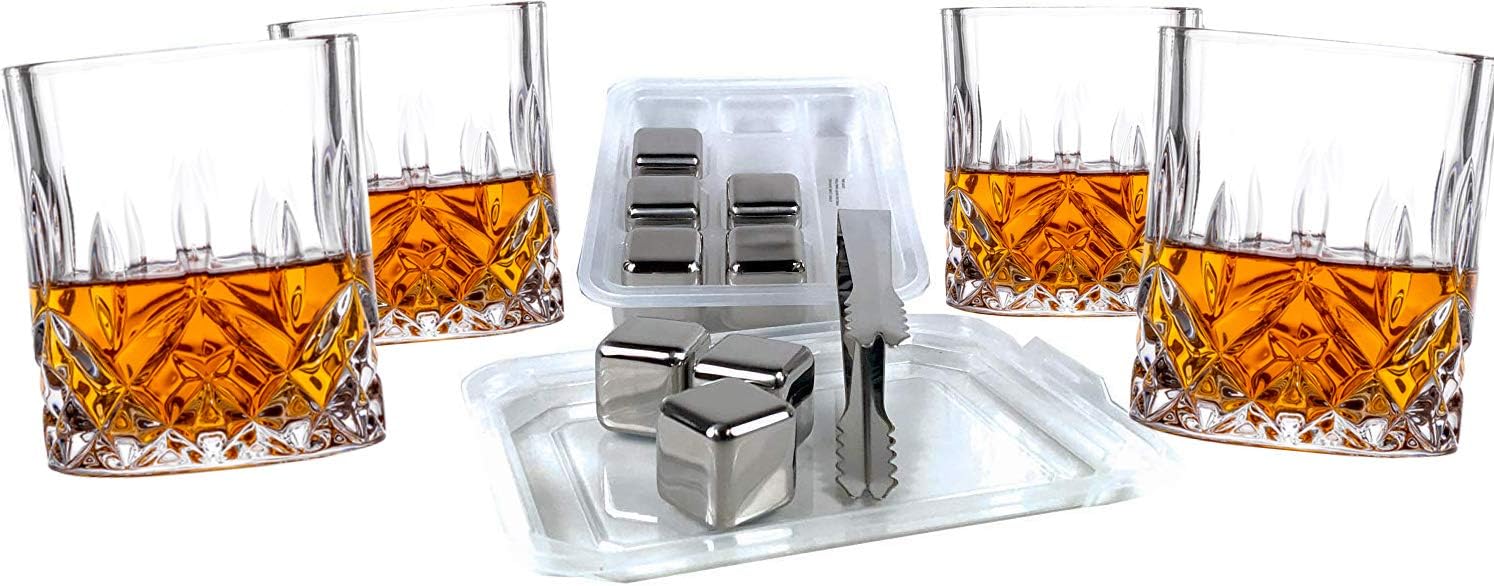 🛒 Flаѕh Sаlе Amlong Crystal Lead-Free Double Old Fashioned Crystal Whiskey Glass - Classic Stylish Design, 9 oz., Set of 4 With Stainless Steel Reusable Ice Stones, Set of 8 pieces
