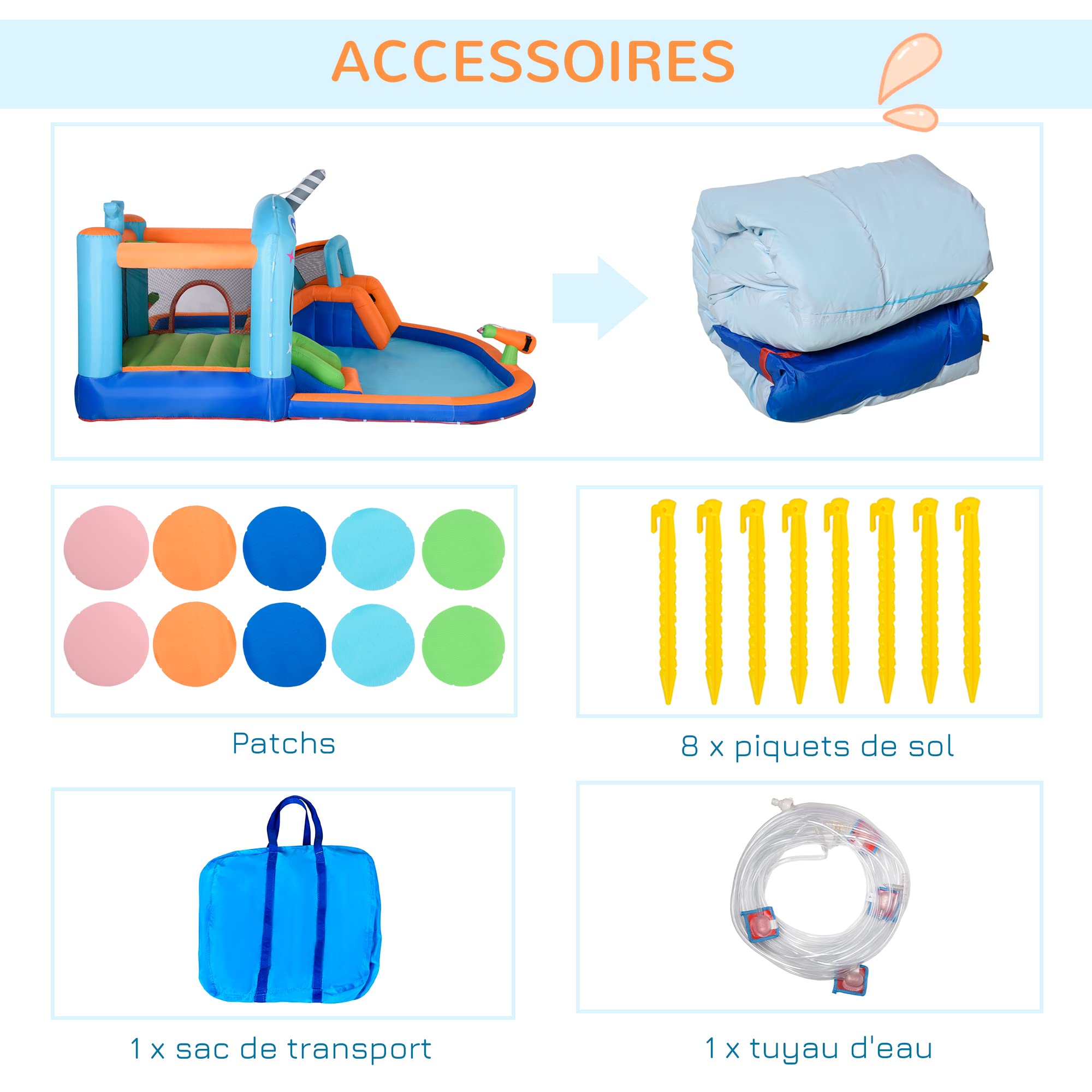 Outsunny Château Gonflable Structure Gonflable Aire de Jeux avec Pistolet à Eau Toboggan Trampoline piscines + 3-8 Ans avec gonfleur et Sac de Transport 420 x 370 x 230 cm - Multicolore