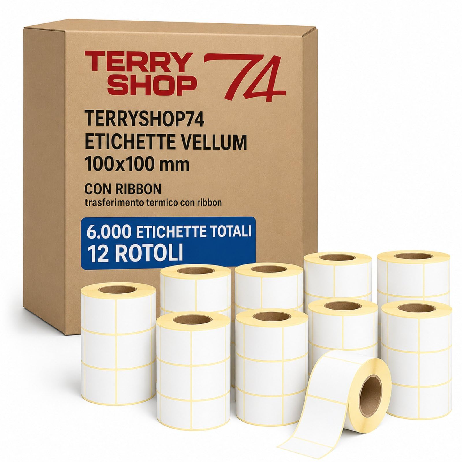 12 Rotoli di Etichette adesive 100x100 Vellum con Ribbon Da 500 Pezzi Totale etichette 6000 Pezzi