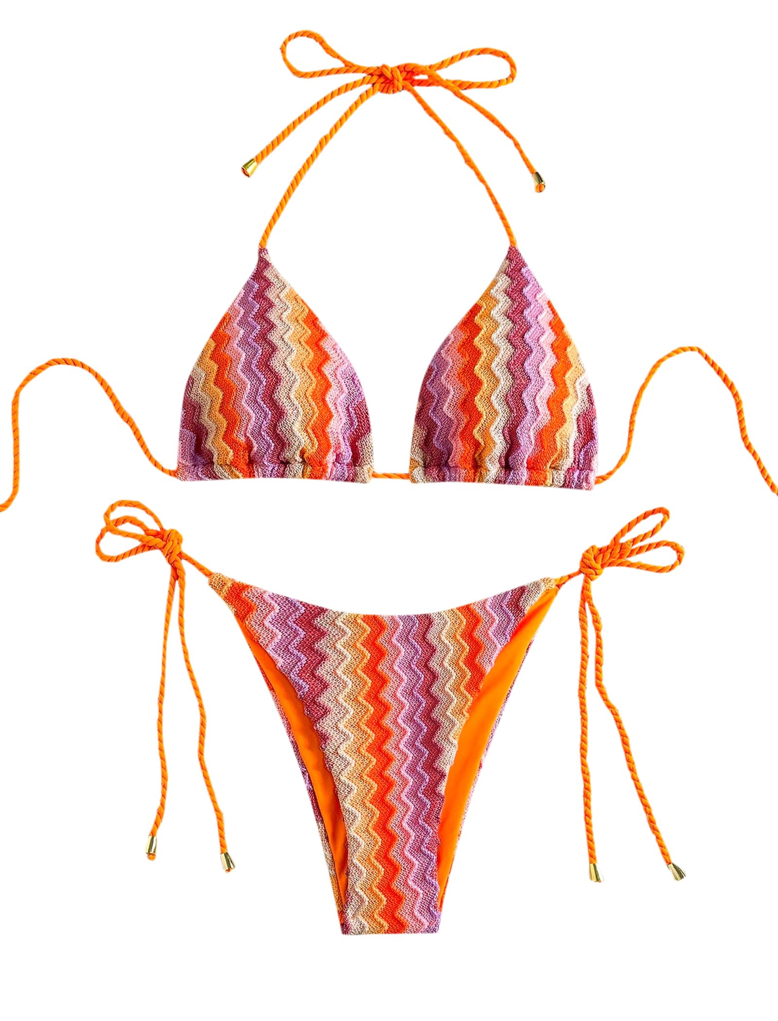 ZAFUL 2 Piece Triangle Bikini for Women Knitted Rope Halter Bikini Sets Sexy Bathing Suit Side Tie Swimsuits