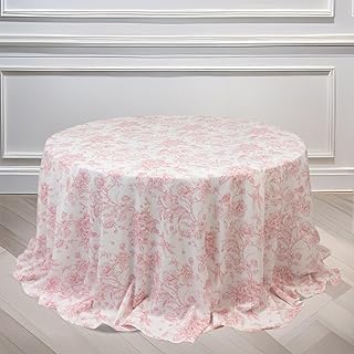 Efavormart Polyester Round Tablecloth 132" White with Pink French Toile Pattern - Sophisticated Table Cover for Chic Weddings & Events