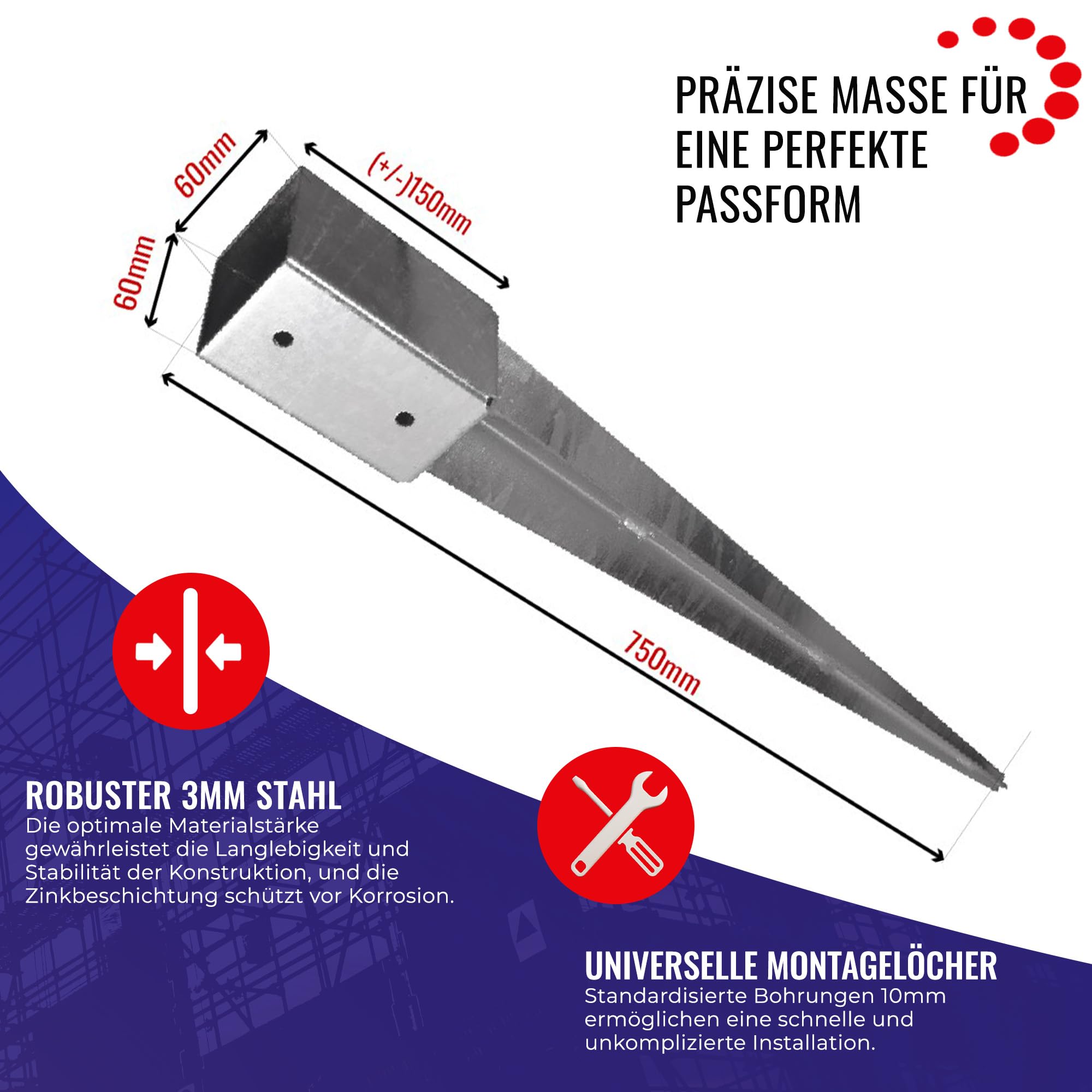 Chle-Mar – 2x Pfostenträger Einschlaghülse 60x750 mm | Stabile Bodenhülse für Holzpfosten aus Metall 3 mm | Einschlagbodenhülse/Bodenanker/Pfostenanker für Zaun, Pergola & Konstruktionen