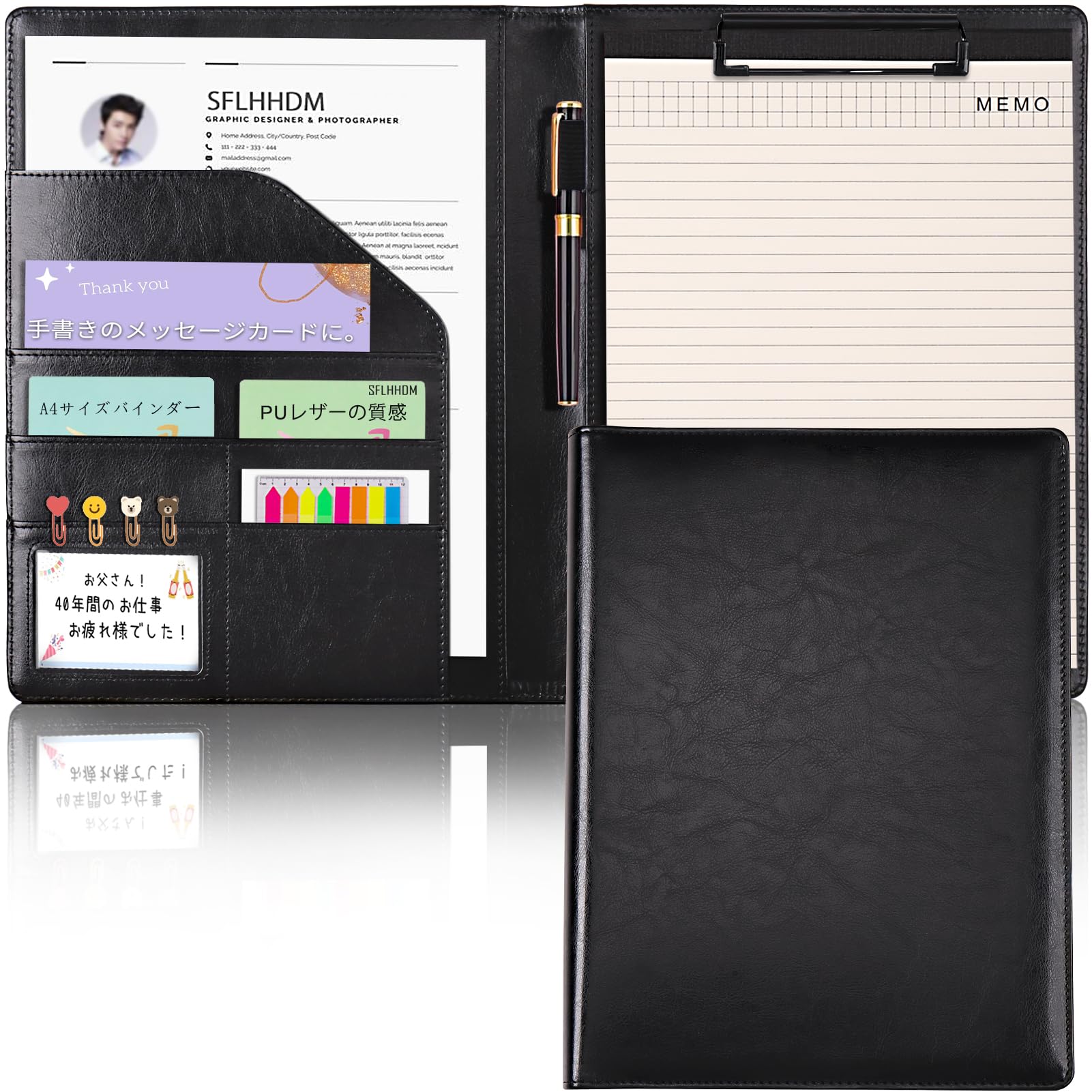 Professionelles Portfolio-Padfolio, PU-Leder, A4-Größe mit Klemmbrett, Notizblock, Visitenkartenhalter, Stiftschlaufe, mehrere Taschen für Büroorganisation (schwarz)