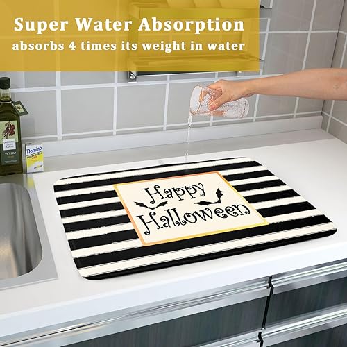 Miniatura 7 de Tapete de secado de platos de murciélagos de Happy Halloween para encimera de cocina, tapete de secado de rayas blancas y negras de 18 x 24 pulgadas