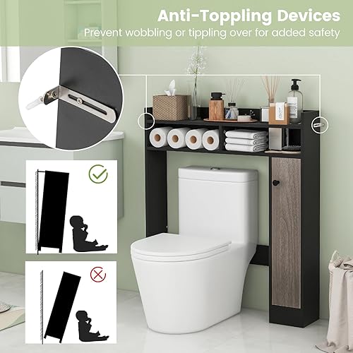 Miniatura 7 de Giantex Gabinete de almacenamiento sobre el inodoro, organizador de baño independiente con gabinete de una sola puerta y estantes abiertos, estante